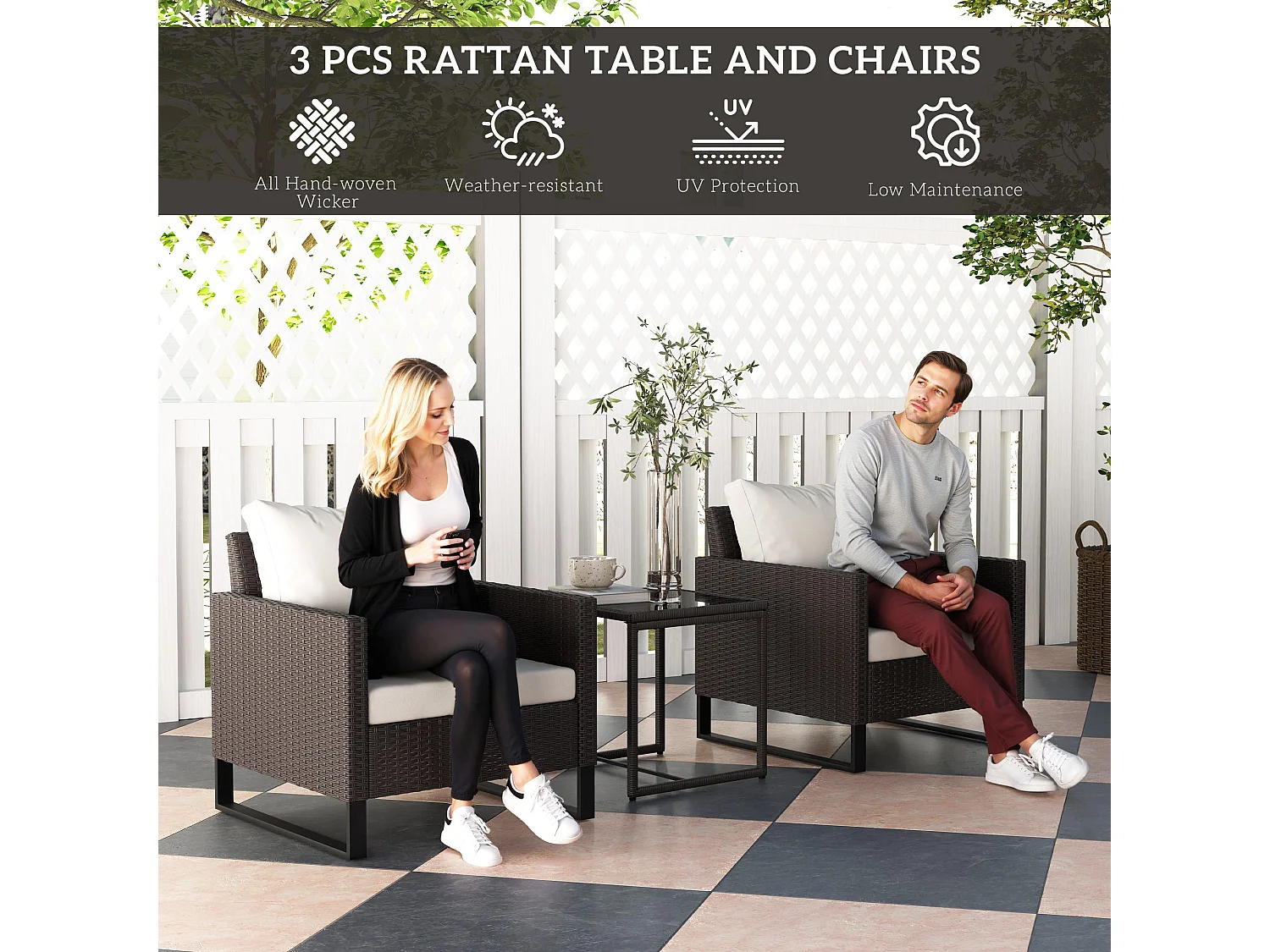 Elmolu Brown 3 Piece Rattan Bistro Set with Tempered Glass Table