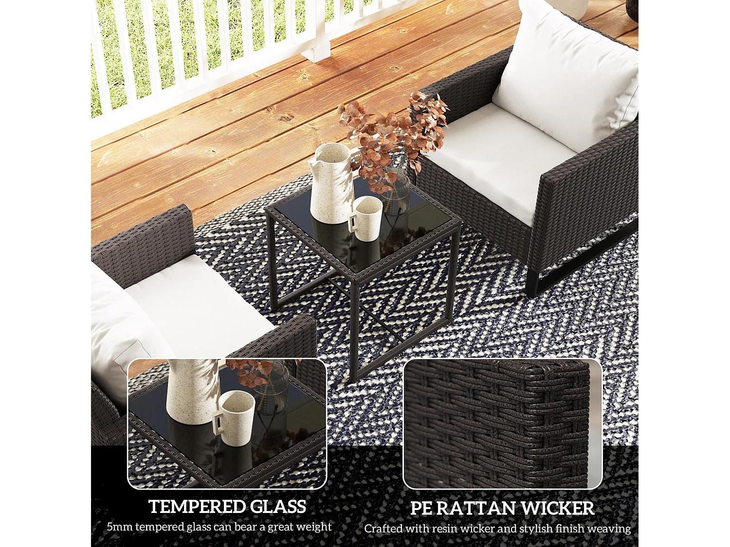 Elmolu Brown 3 Piece Rattan Bistro Set with Tempered Glass Table