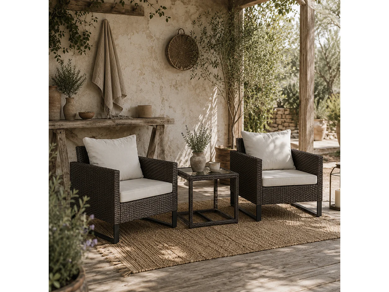 Elmolu Brown 3 Piece Rattan Bistro Set with Tempered Glass Table