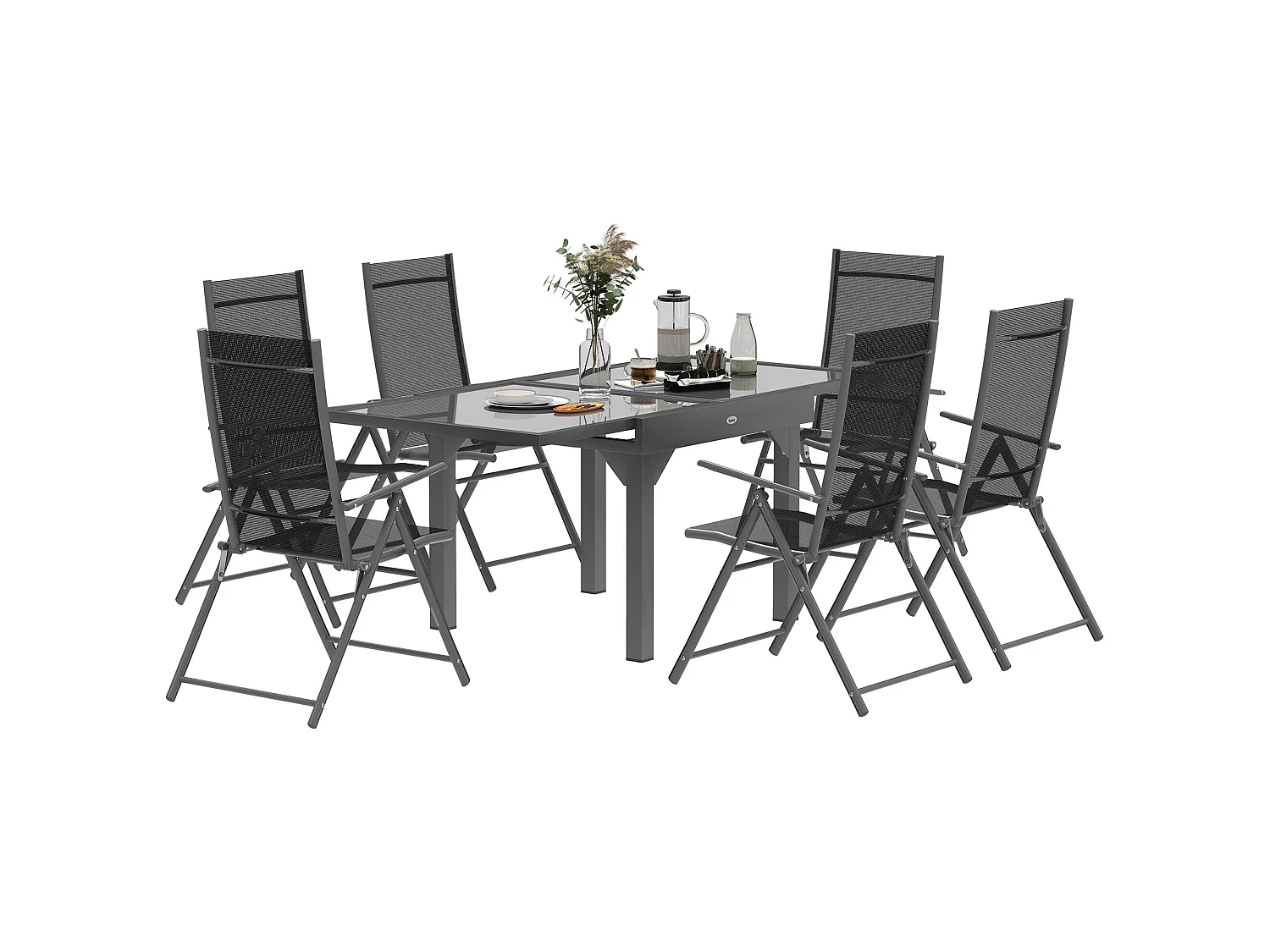 Cosuri 6 Seater Grey Outdoor Dining Set Extendable 90 to 180cm Table with 6 Folding Mesh Chairs