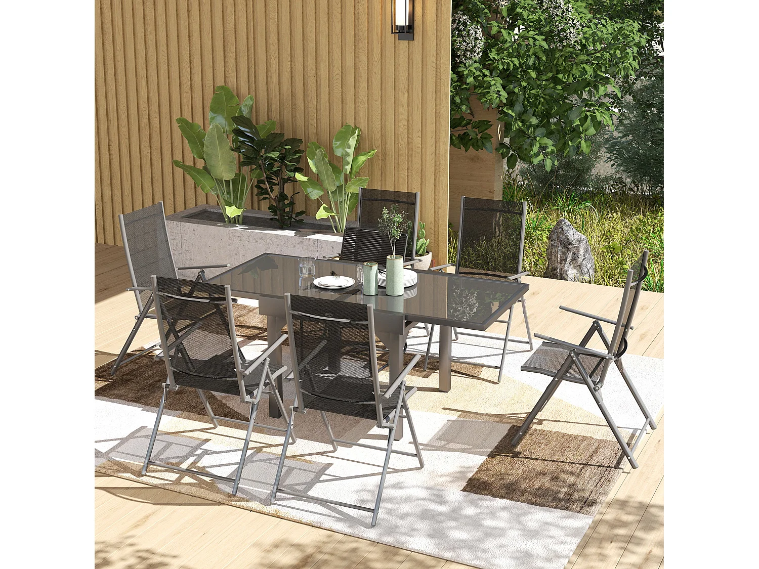 Cosuri 6 Seater Grey Outdoor Dining Set Extendable 90 to 180cm Table with 6 Folding Mesh Chairs