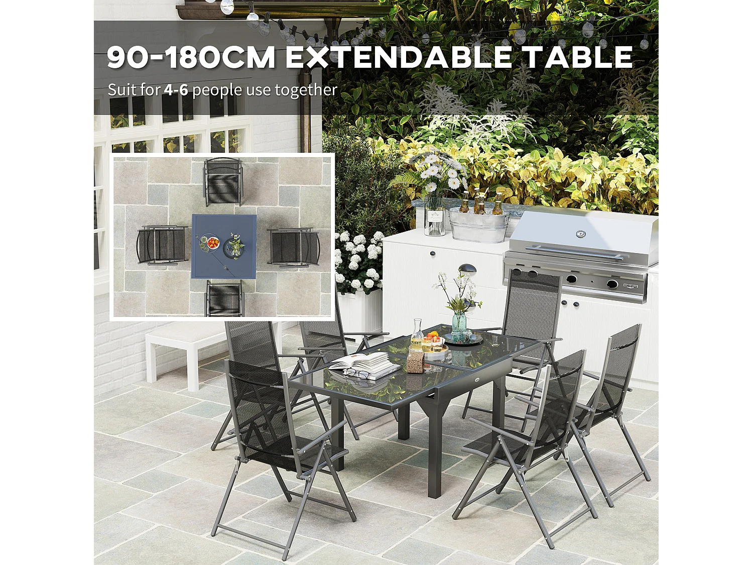 Cosuri 6 Seater Grey Outdoor Dining Set Extendable 90 to 180cm Table with 6 Folding Mesh Chairs