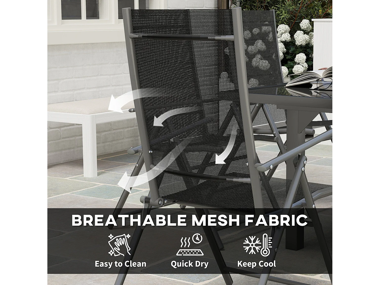 Cosuri 6 Seater Grey Outdoor Dining Set Extendable 90 to 180cm Table with 6 Folding Mesh Chairs