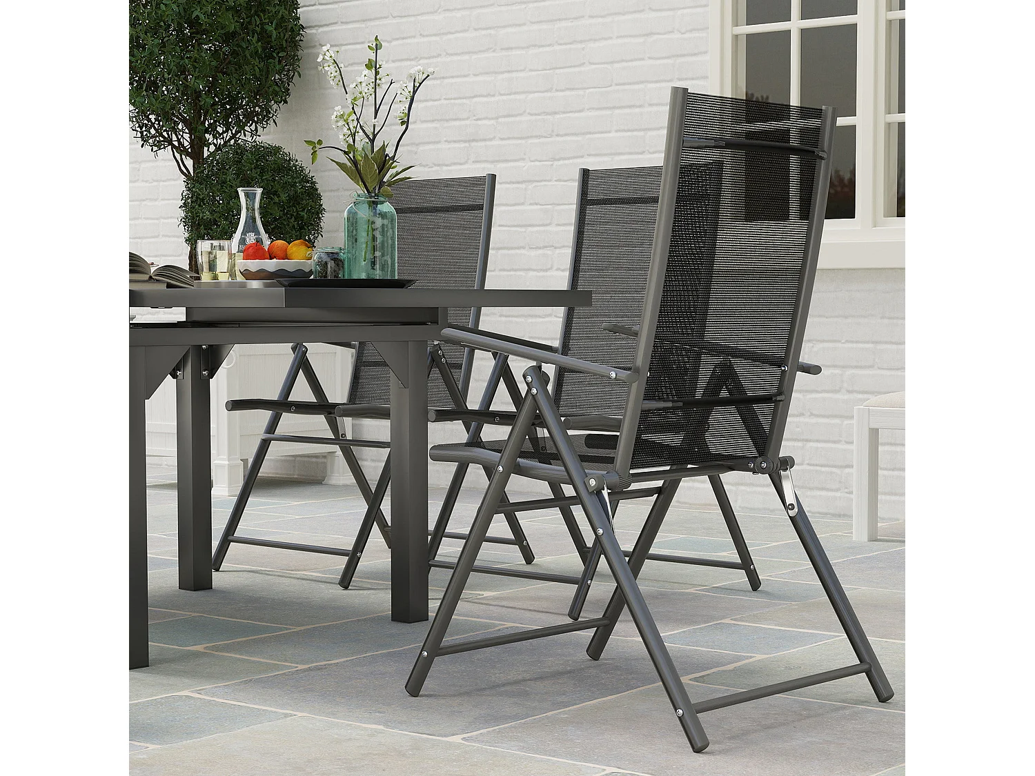 Cosuri 6 Seater Grey Outdoor Dining Set Extendable 90 to 180cm Table with 6 Folding Mesh Chairs
