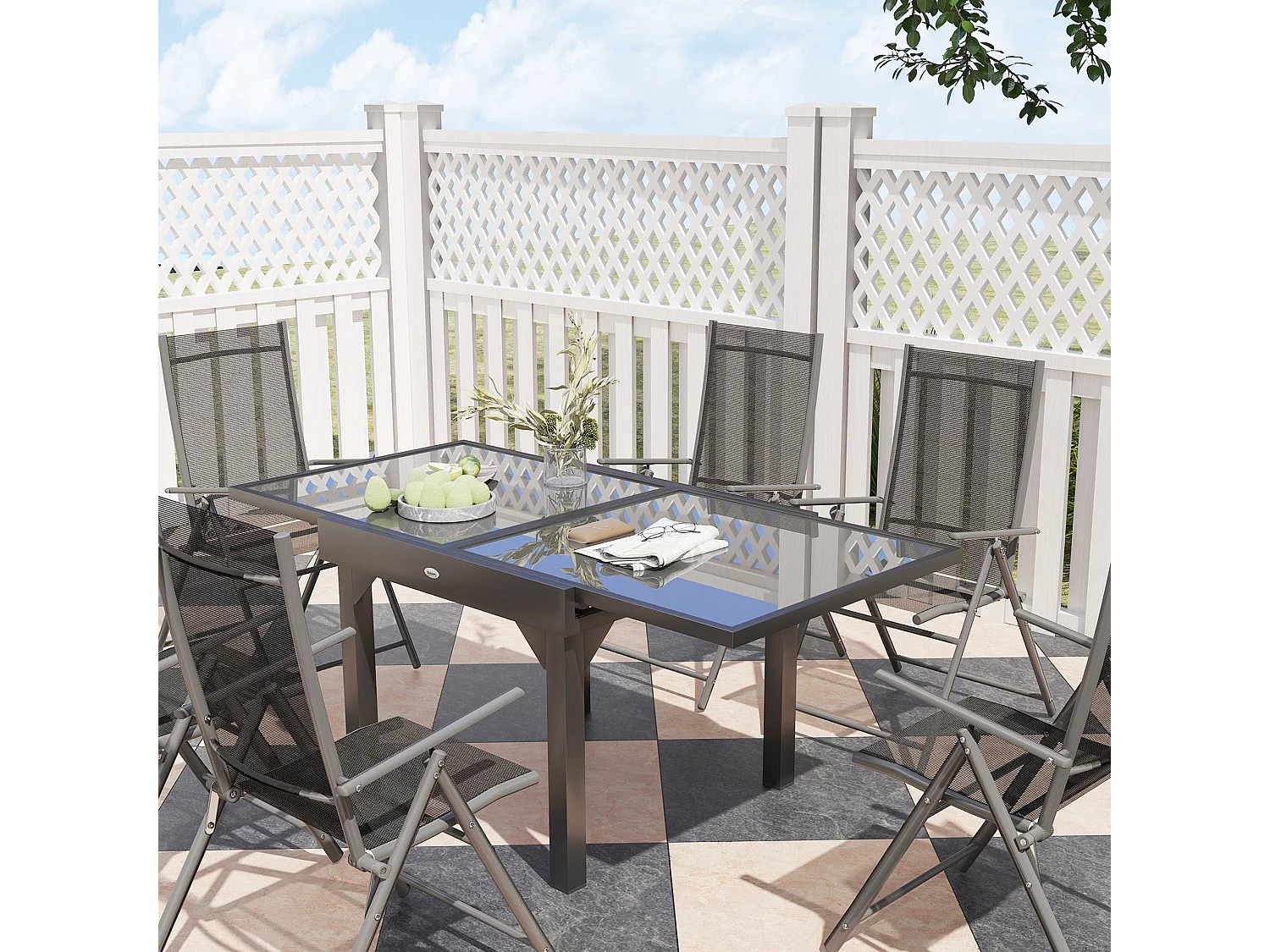 Cosuri 6 Seater Grey Outdoor Dining Set Extendable 90 to 180cm Table with 6 Folding Mesh Chairs