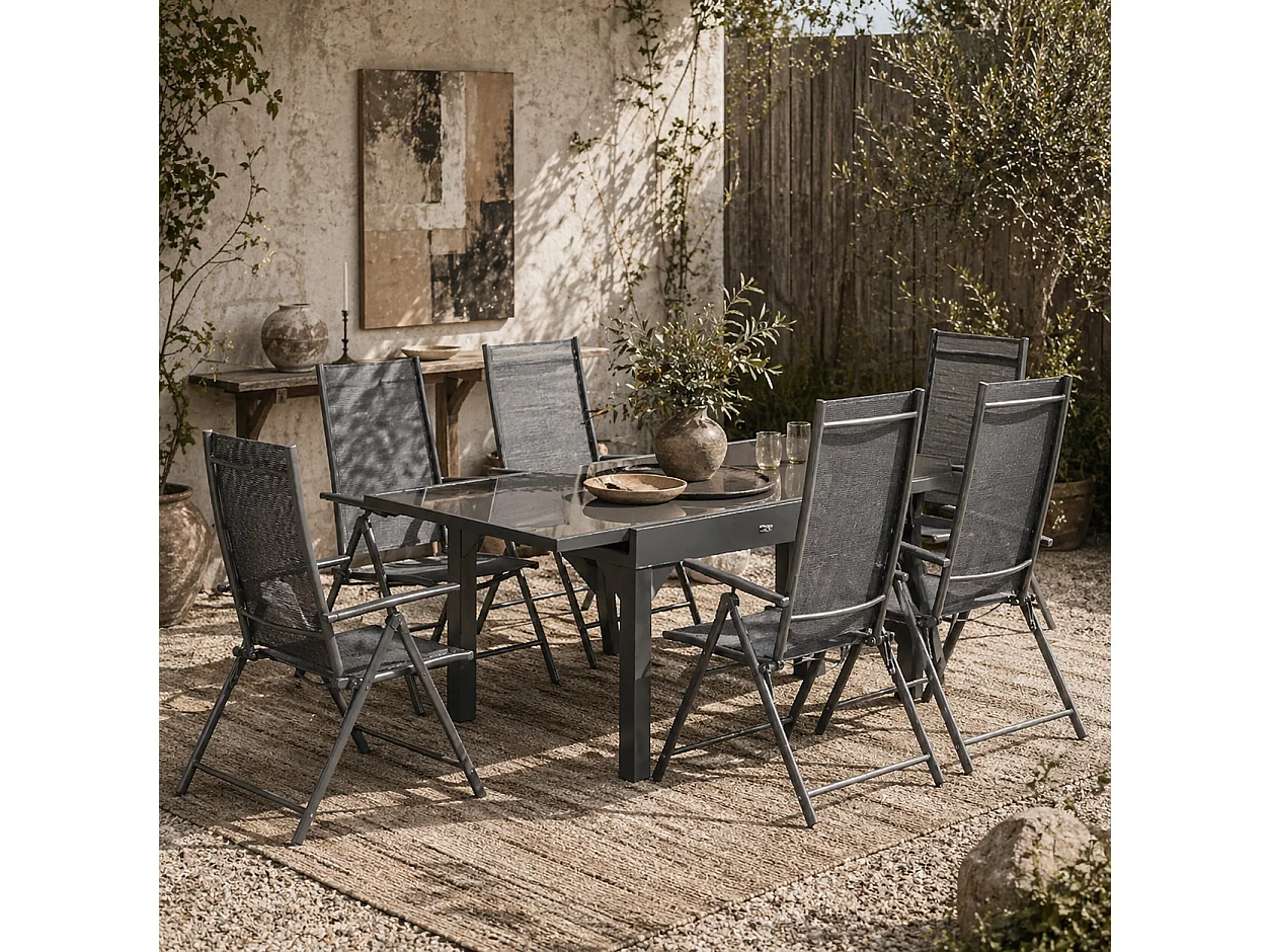 Cosuri 6 Seater Grey Outdoor Dining Set Extendable 90 to 180cm Table with 6 Folding Mesh Chairs