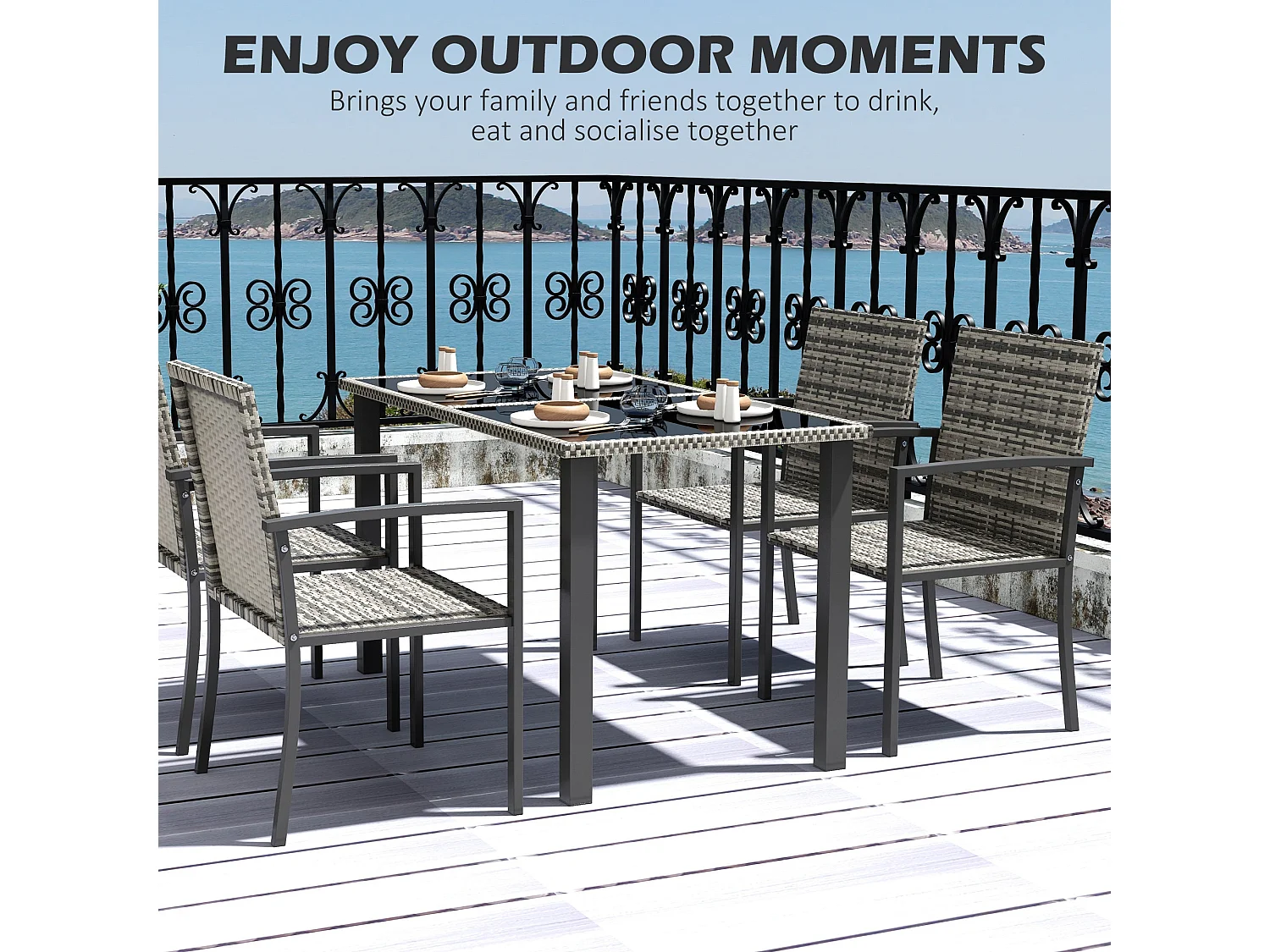 Saka Rattan 4 Seater Outdoor Dining Set with Tempered Glass Table and Chairs