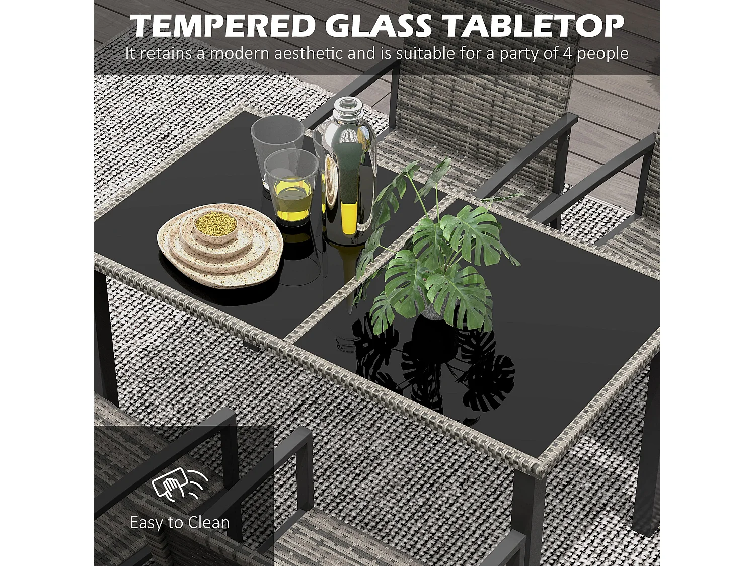 Saka Rattan 4 Seater Outdoor Dining Set with Tempered Glass Table and Chairs
