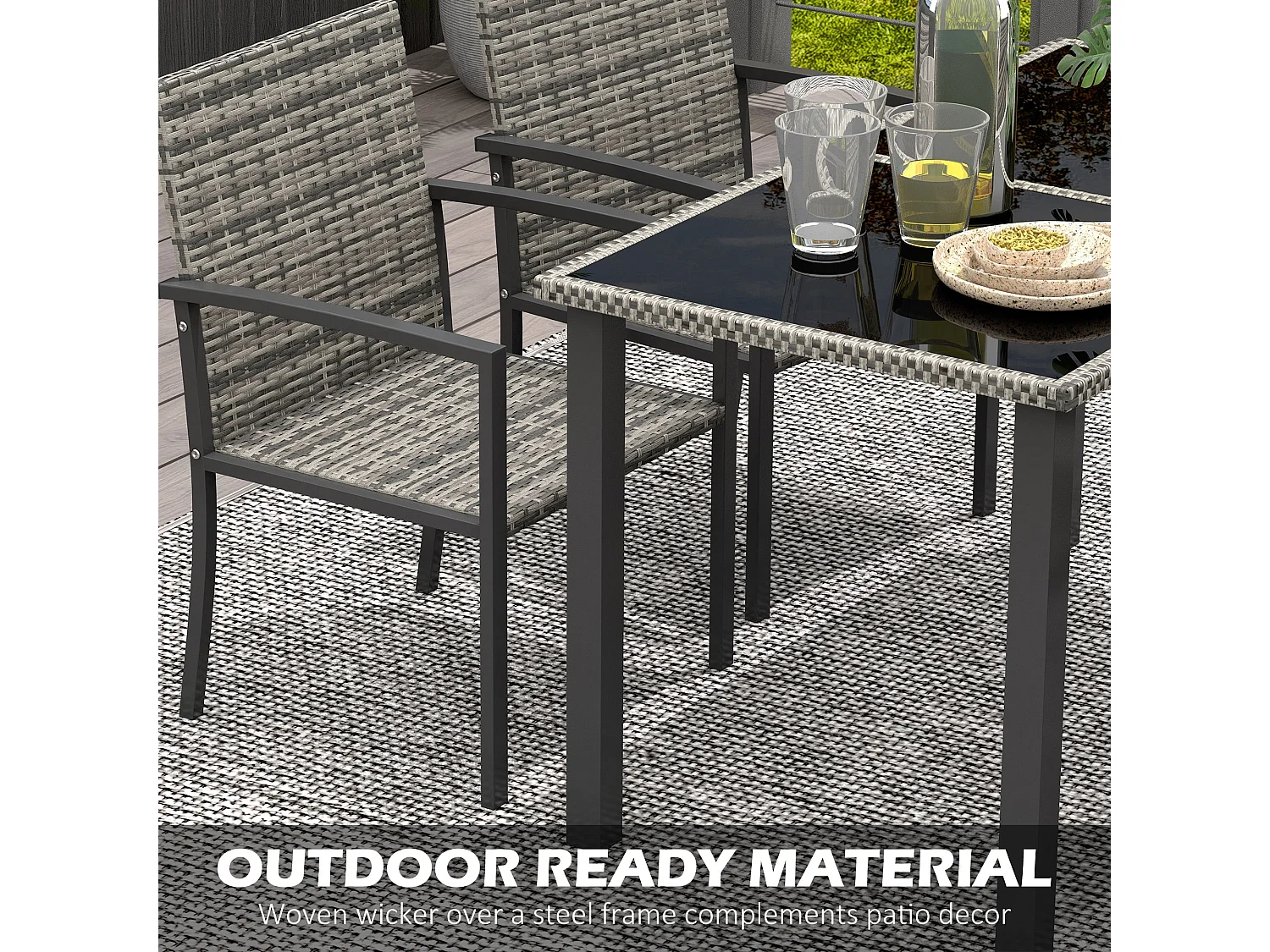 Saka Rattan 4 Seater Outdoor Dining Set with Tempered Glass Table and Chairs