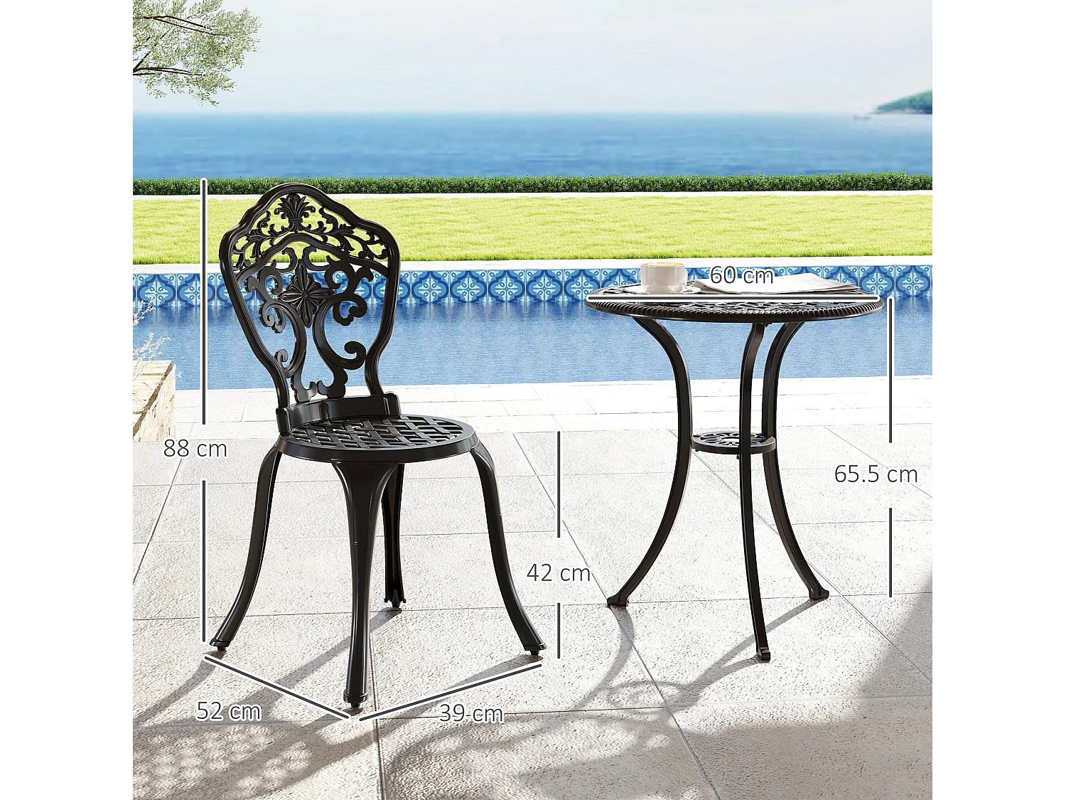 Rirara 3 Piece Black Cast Aluminium Floral Bistro Set for 2