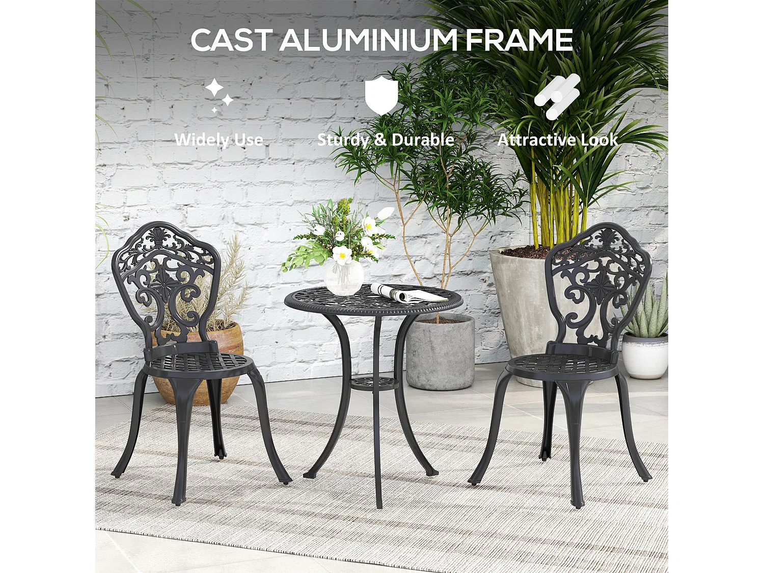 Rirara 3 Piece Black Cast Aluminium Floral Bistro Set for 2