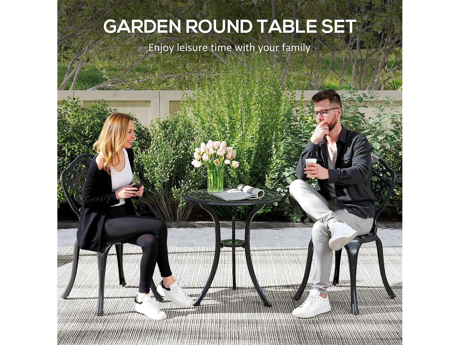 Rirara 3 Piece Black Cast Aluminium Floral Bistro Set for 2