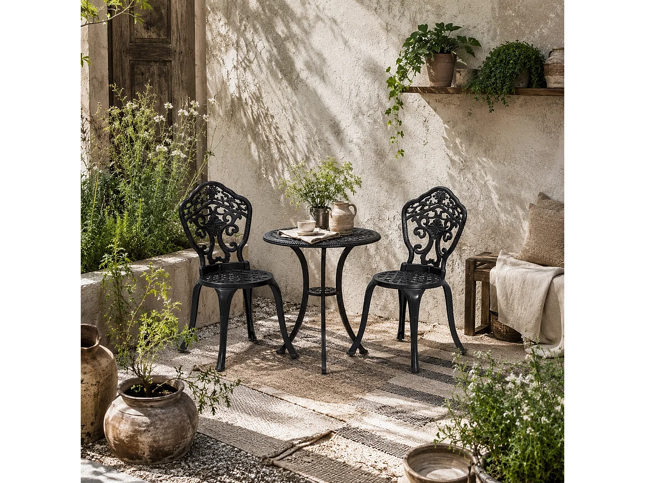 Rirara 3 Piece Black Cast Aluminium Floral Bistro Set for 2