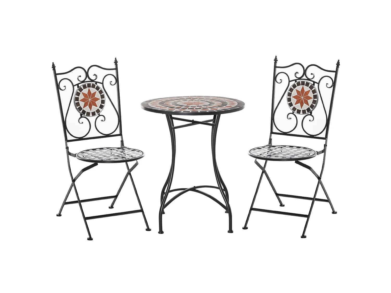 Rakamo 3 Piece Mosaic Garden Bistro Set Ceramic Tiled Table with 2 Folding Chairs Orange Accents