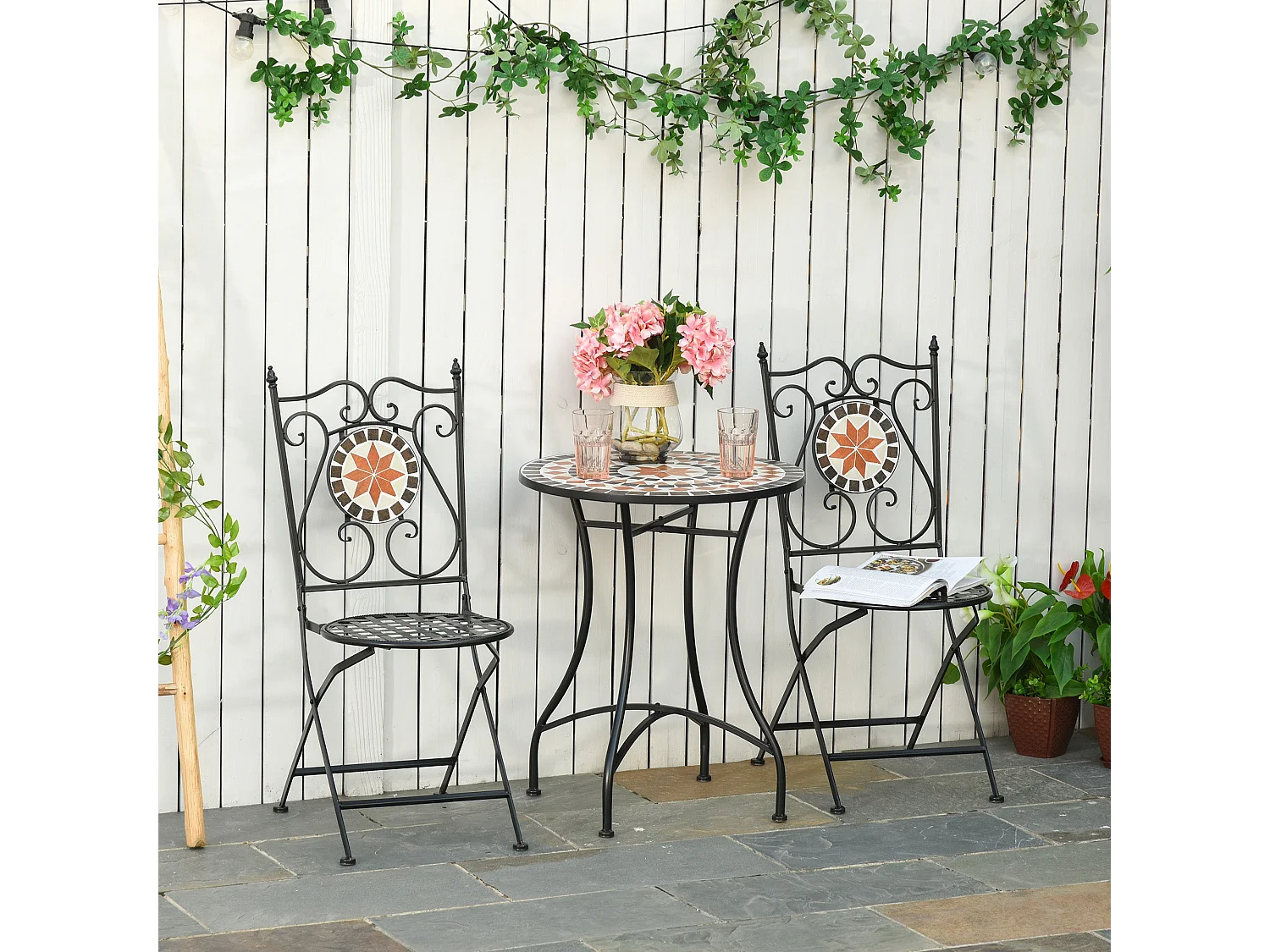 Rakamo 3 Piece Mosaic Garden Bistro Set Ceramic Tiled Table with 2 Folding Chairs Orange Accents