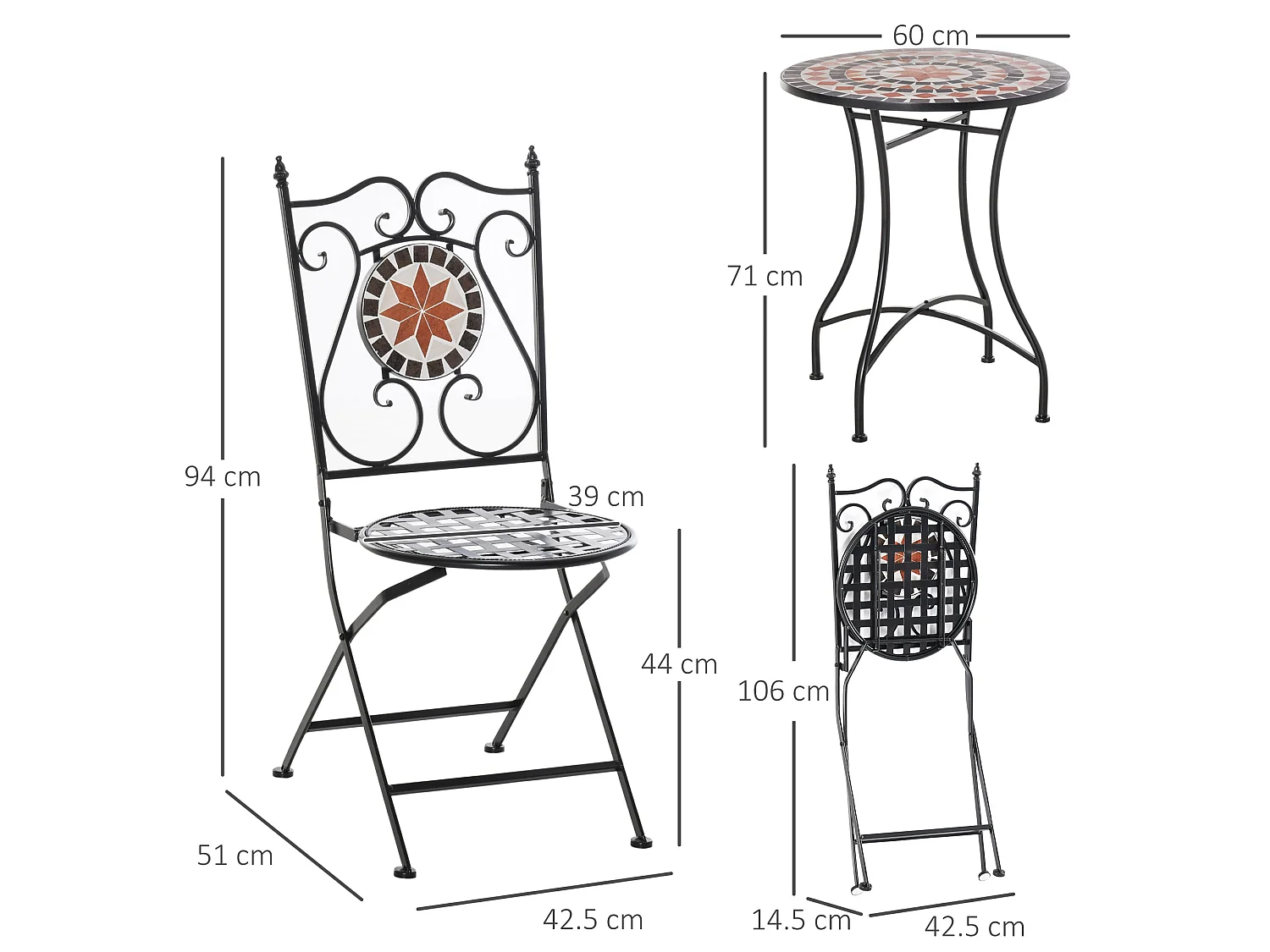 Rakamo 3 Piece Mosaic Garden Bistro Set Ceramic Tiled Table with 2 Folding Chairs Orange Accents