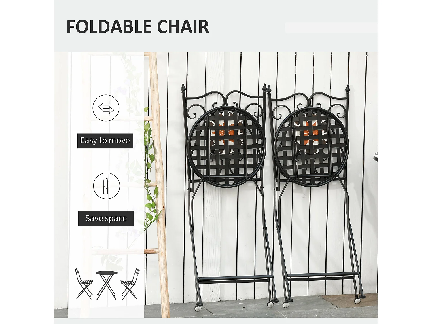 Rakamo 3 Piece Mosaic Garden Bistro Set Ceramic Tiled Table with 2 Folding Chairs Orange Accents