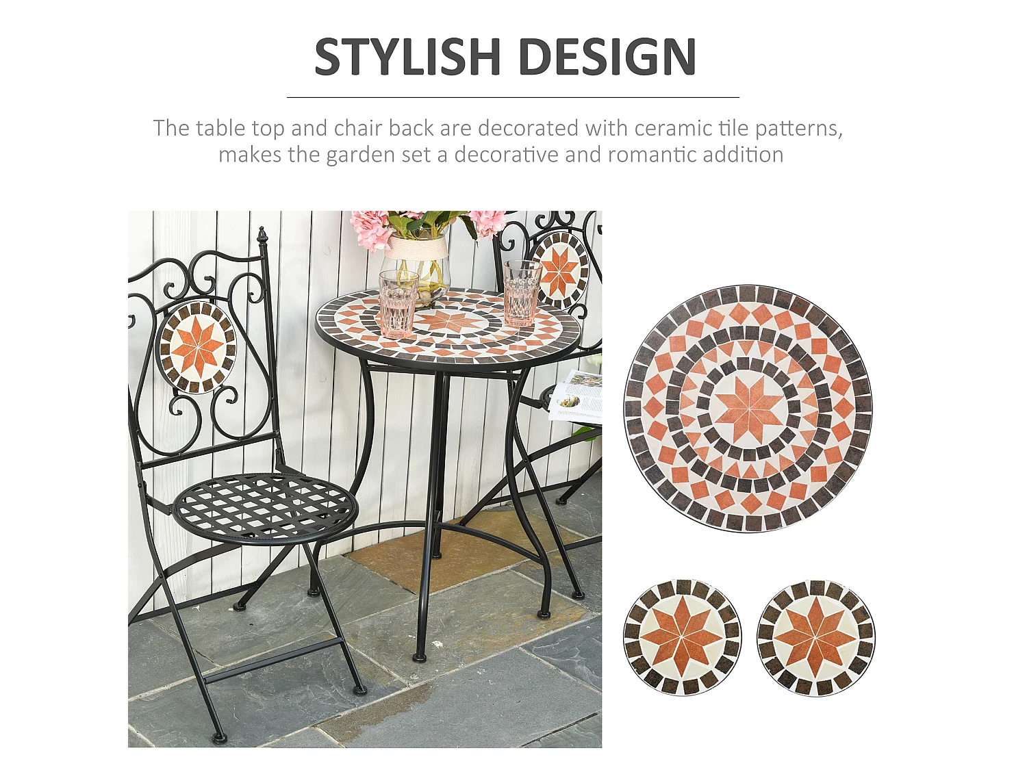 Rakamo 3 Piece Mosaic Garden Bistro Set Ceramic Tiled Table with 2 Folding Chairs Orange Accents