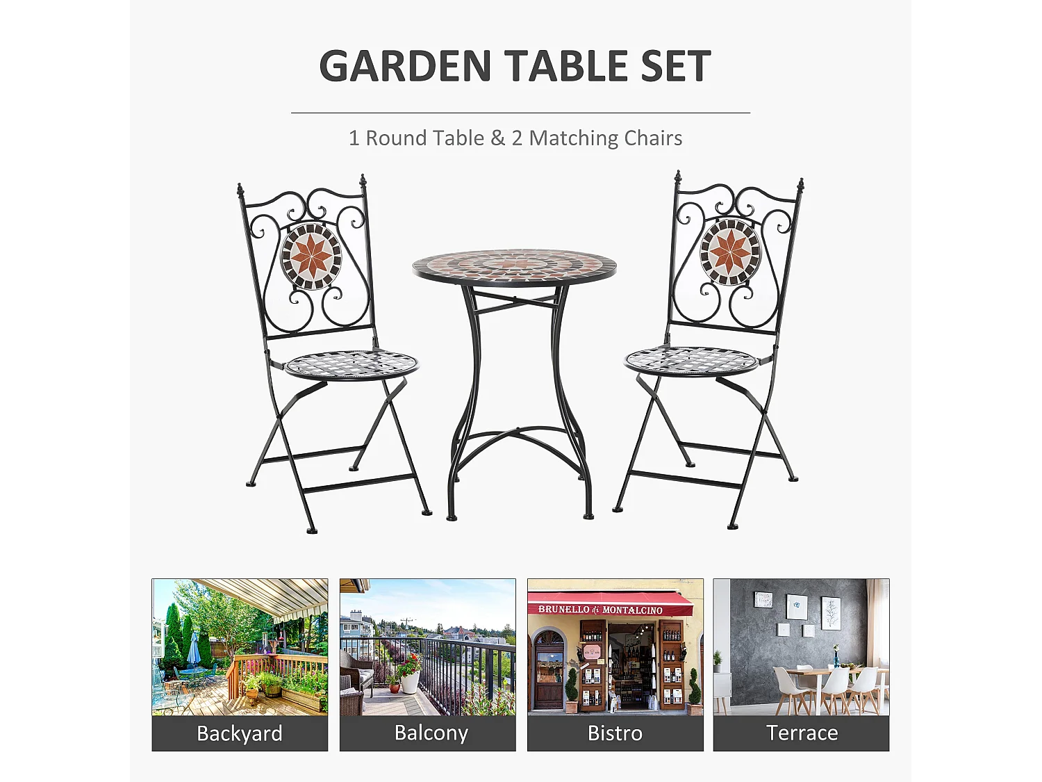 Rakamo 3 Piece Mosaic Garden Bistro Set Ceramic Tiled Table with 2 Folding Chairs Orange Accents