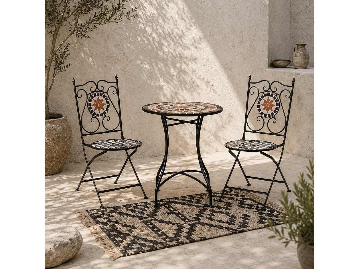 Rakamo 3 Piece Mosaic Garden Bistro Set Ceramic Tiled Table with 2 Folding Chairs Orange Accents