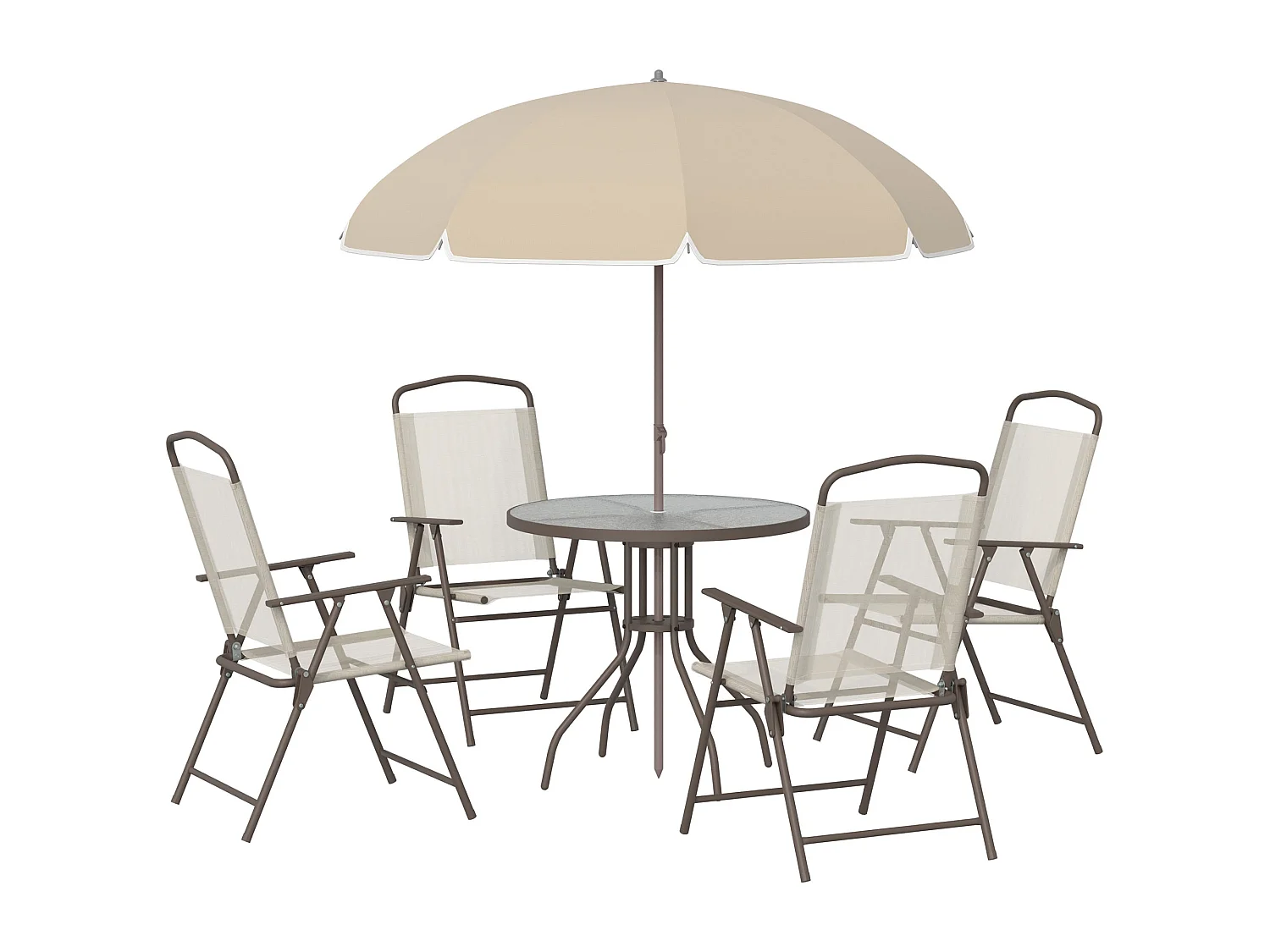 Jattare 4 Seater Cream and Coffee Outdoor Bistro Set with Folding Mesh Chairs Glass Table and Parasol