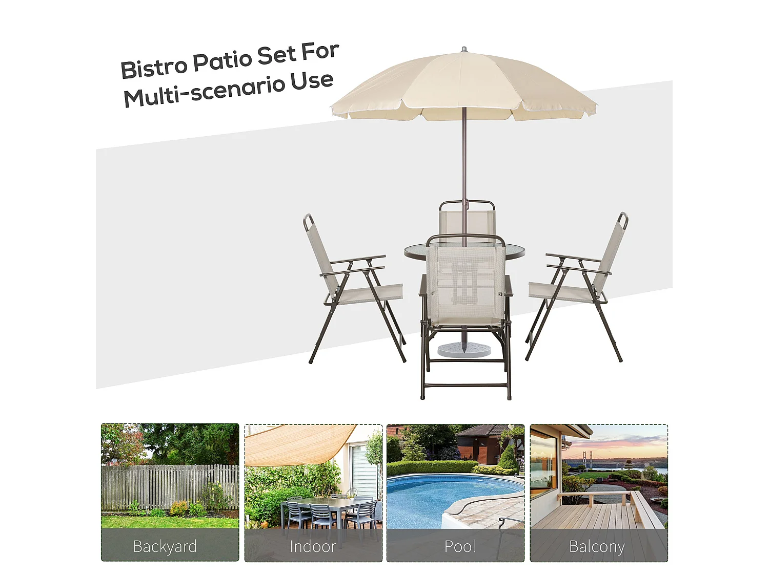Jattare 4 Seater Cream and Coffee Outdoor Bistro Set with Folding Mesh Chairs Glass Table and Parasol