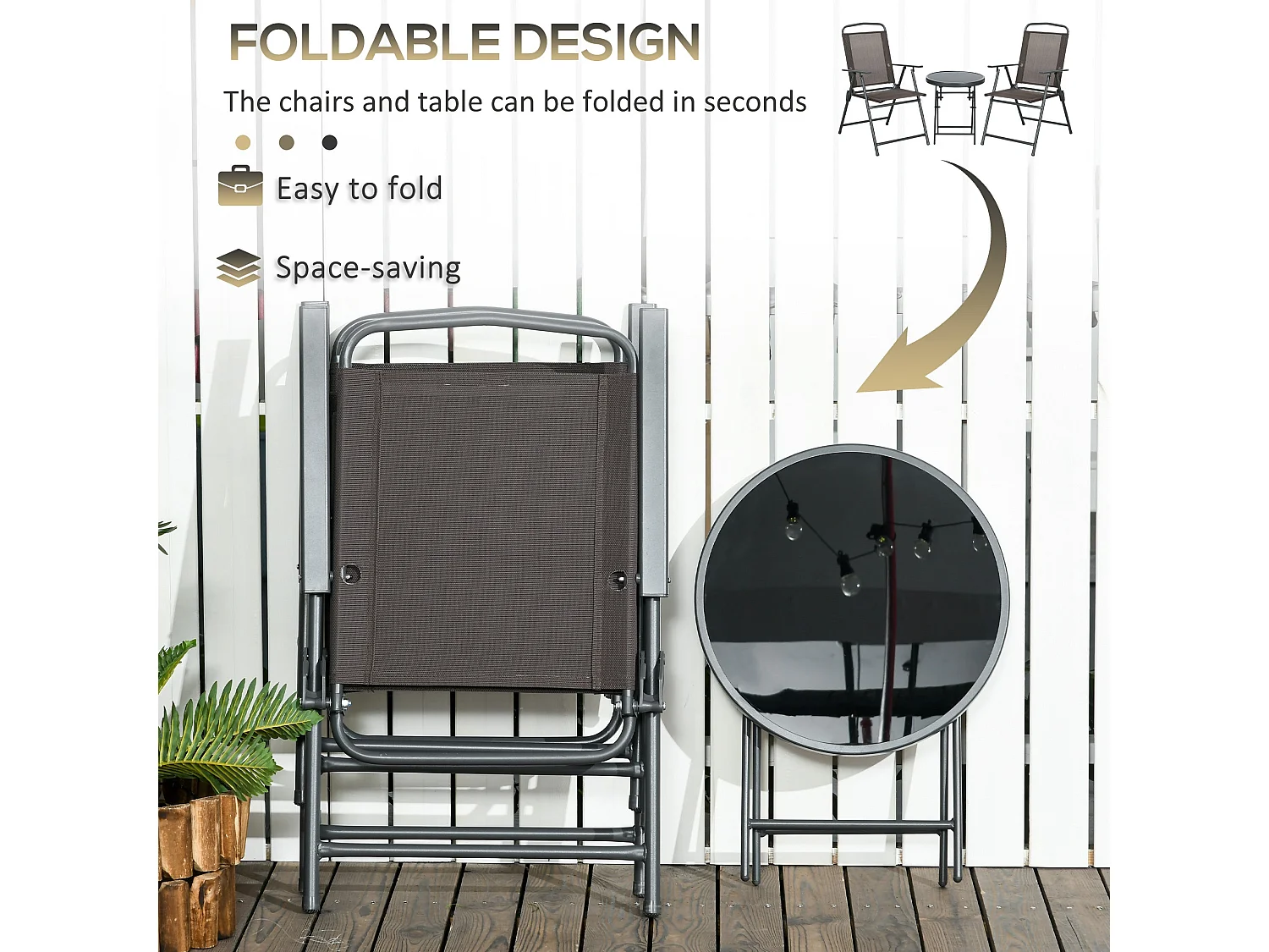 Lepa Tara 3 Piece Brown Folding Garden Seating Set with Glass Table and Two Mesh Chairs