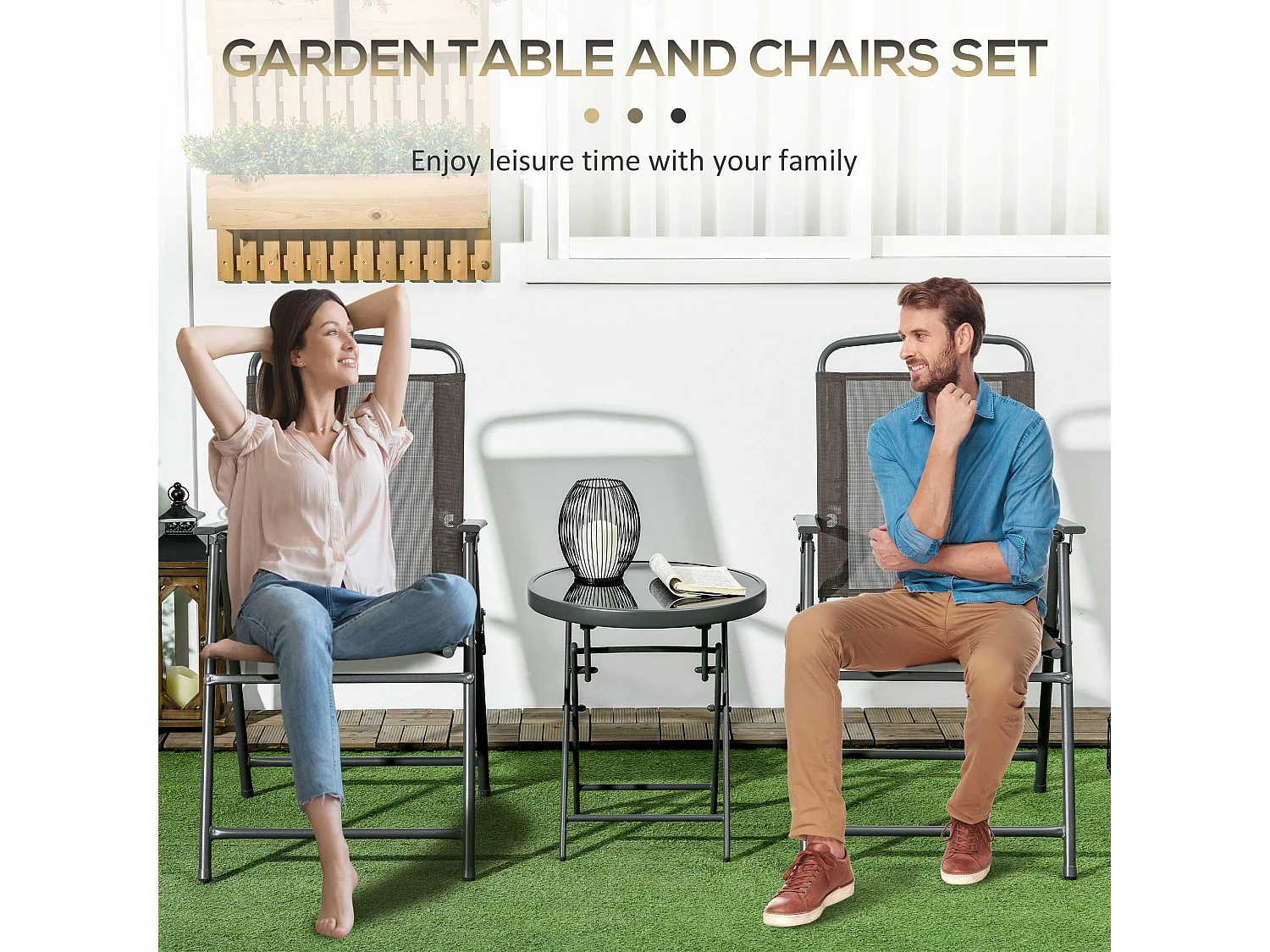 Lepa Tara 3 Piece Brown Folding Garden Seating Set with Glass Table and Two Mesh Chairs