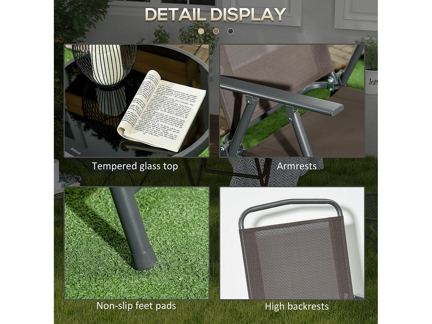 Lepa Tara 3 Piece Brown Folding Garden Seating Set with Glass Table and Two Mesh Chairs