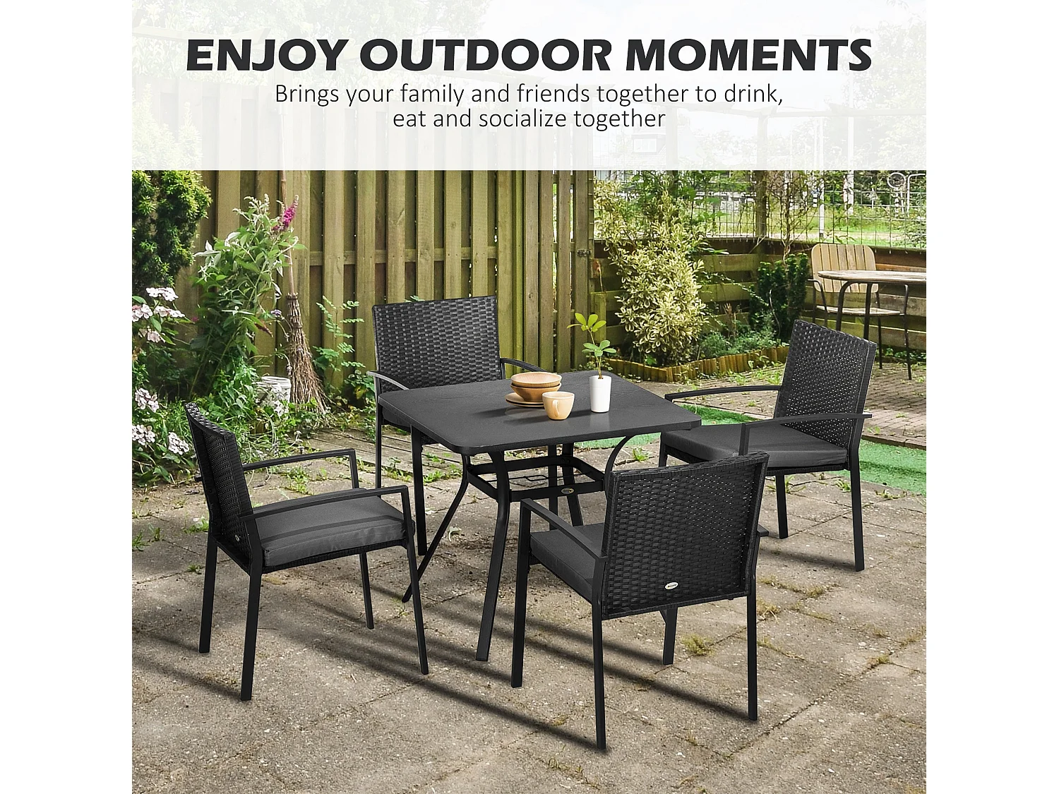 Laresu 5 Piece Outdoor Rattan Dining Set 4 Cushioned Armchairs Square Table