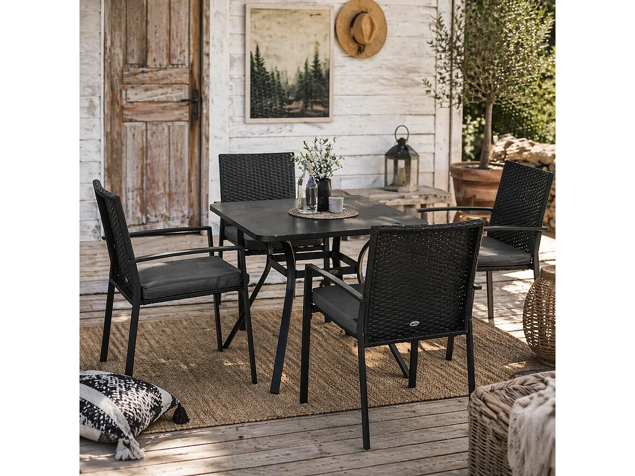 Laresu 5 Piece Outdoor Rattan Dining Set 4 Cushioned Armchairs Square Table