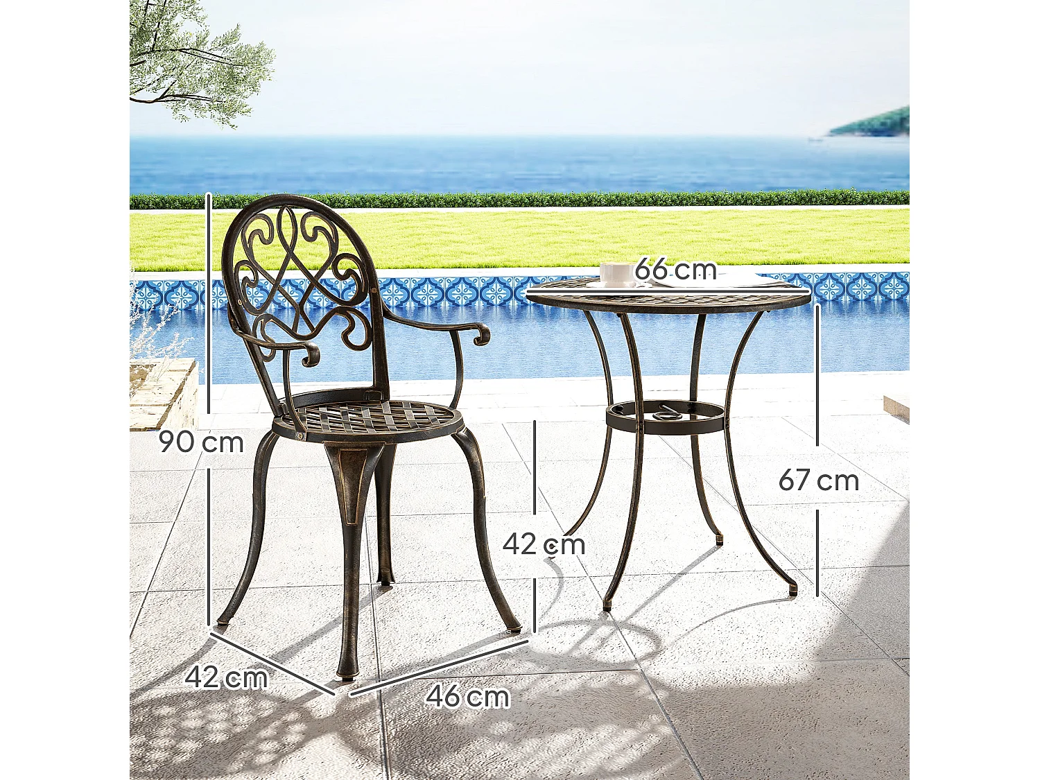 Ziraro 3 Piece Aluminium Bronze Tone Garden Bistro Set 2 Seater Vintage Outdoor Table and Chairs