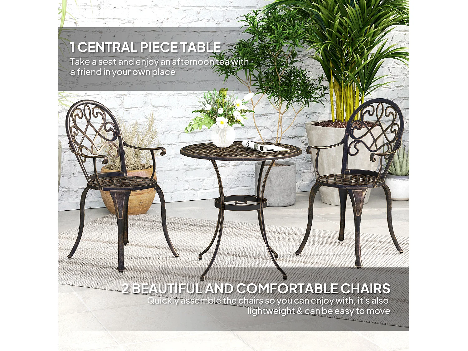 Ziraro 3 Piece Aluminium Bronze Tone Garden Bistro Set 2 Seater Vintage Outdoor Table and Chairs