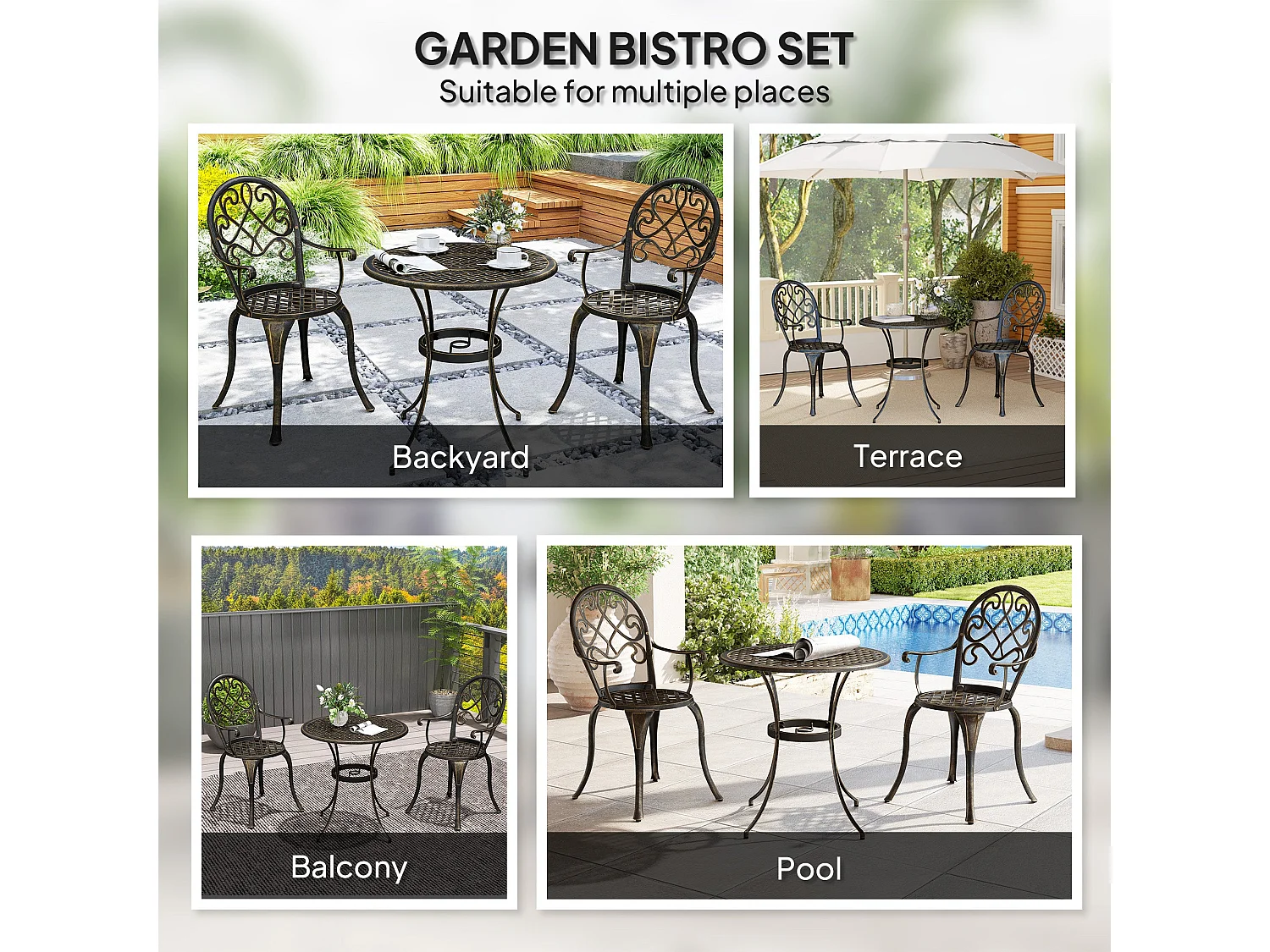 Ziraro 3 Piece Aluminium Bronze Tone Garden Bistro Set 2 Seater Vintage Outdoor Table and Chairs