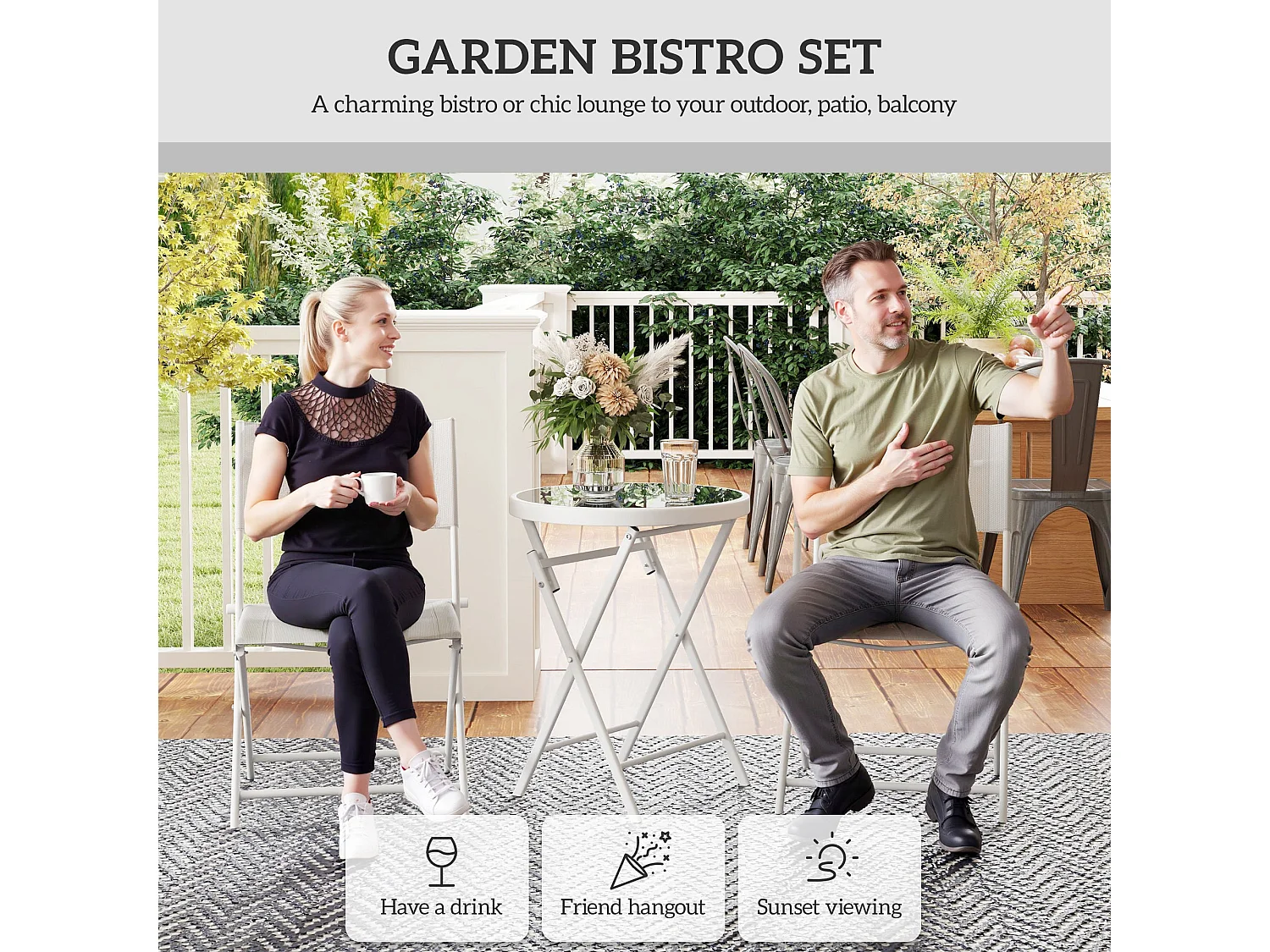 Lafiyo 3 Piece White Outdoor Bistro Set with Folding Chairs
