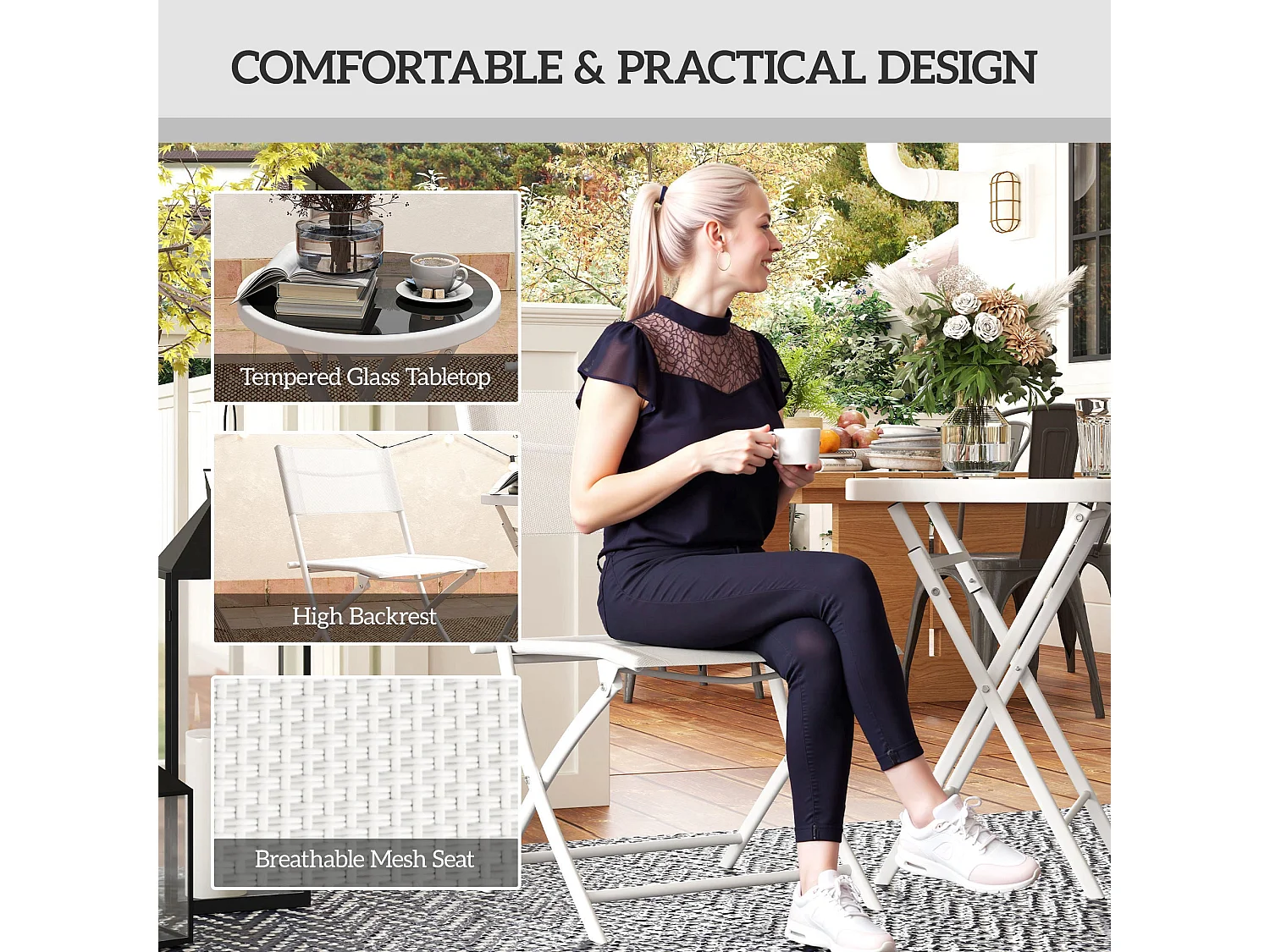 Lafiyo 3 Piece White Outdoor Bistro Set with Folding Chairs
