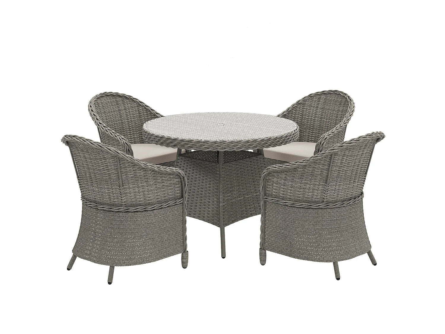 Sepa Rattan 4 Seater Outdoor Dining Set Grey and Sand Brown Cushioned Armchairs Glass Top Table