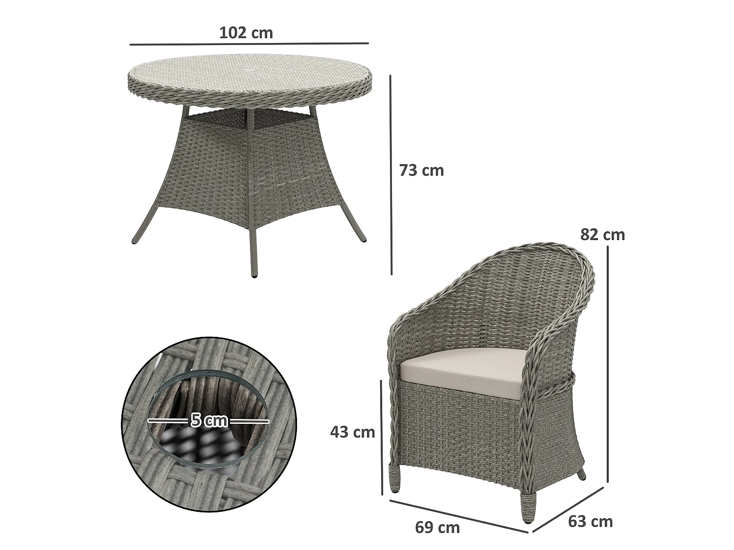 Sepa Rattan 4 Seater Outdoor Dining Set Grey and Sand Brown Cushioned Armchairs Glass Top Table