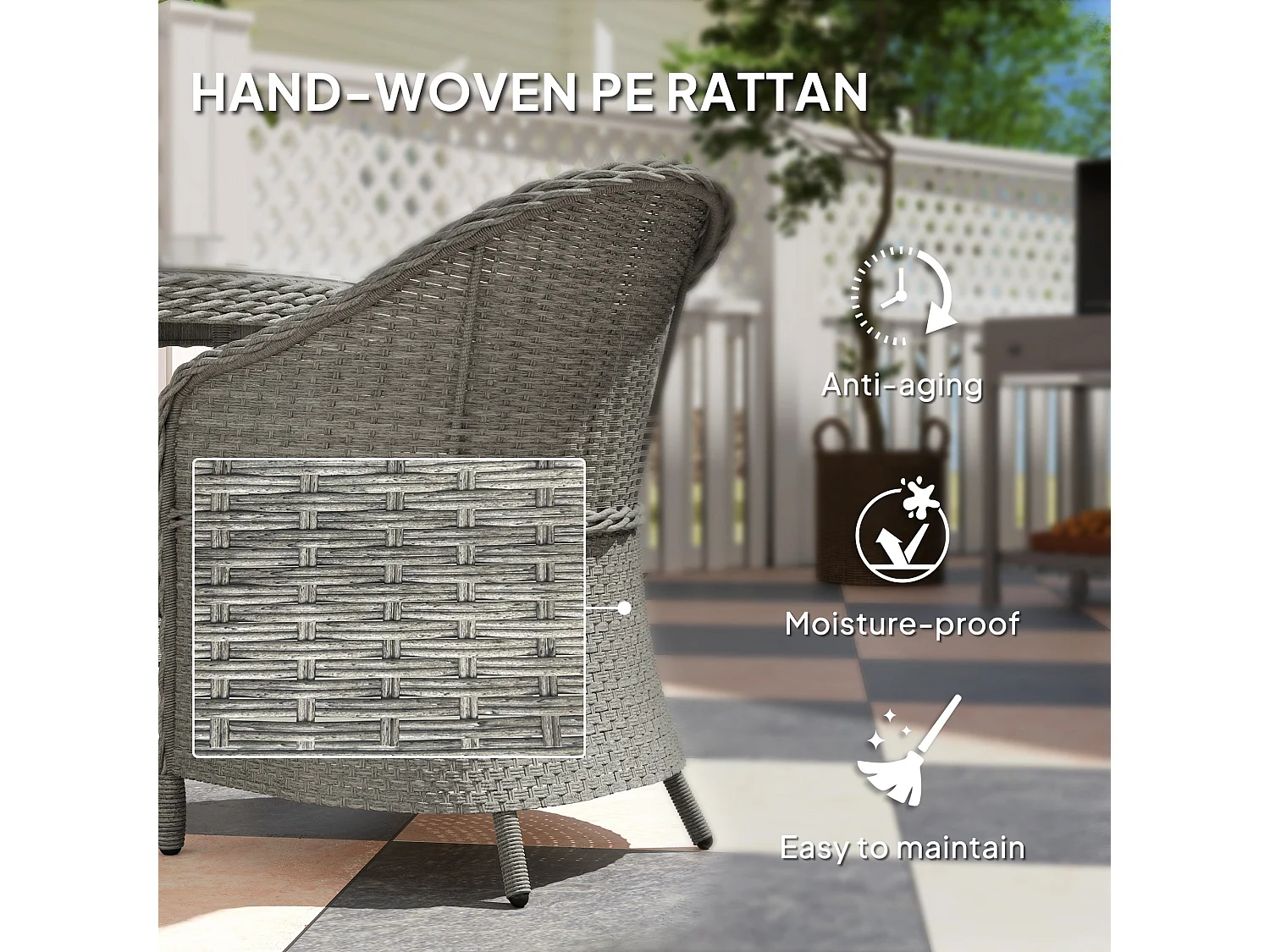 Sepa Rattan 4 Seater Outdoor Dining Set Grey and Sand Brown Cushioned Armchairs Glass Top Table