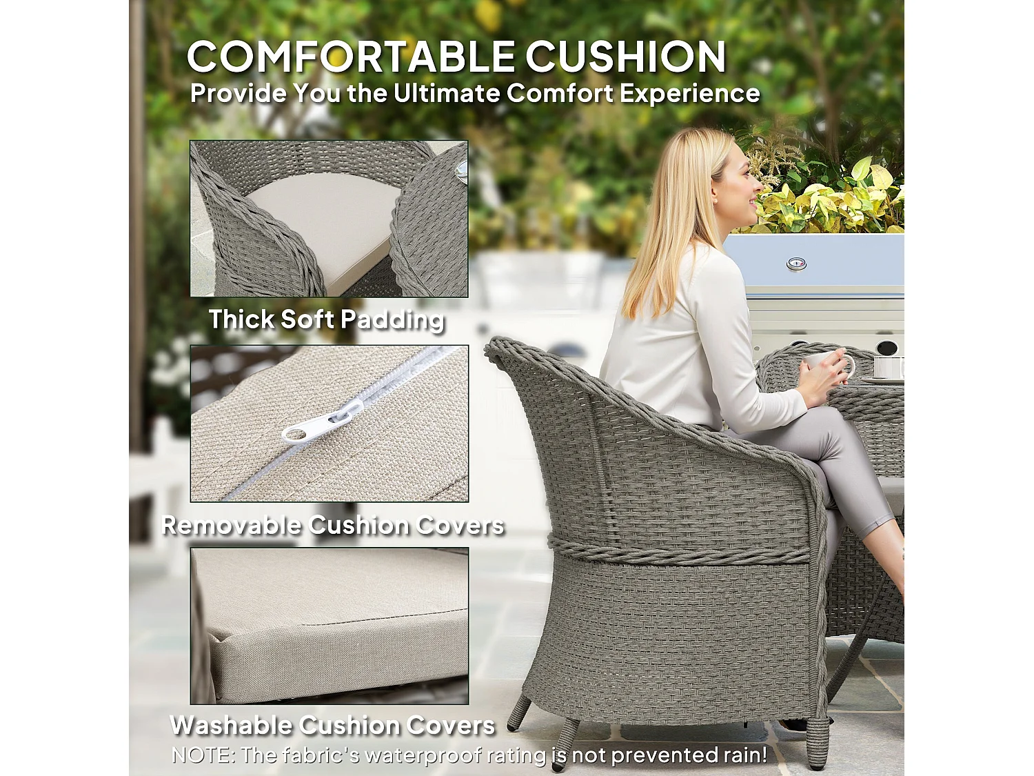 Sepa Rattan 4 Seater Outdoor Dining Set Grey and Sand Brown Cushioned Armchairs Glass Top Table