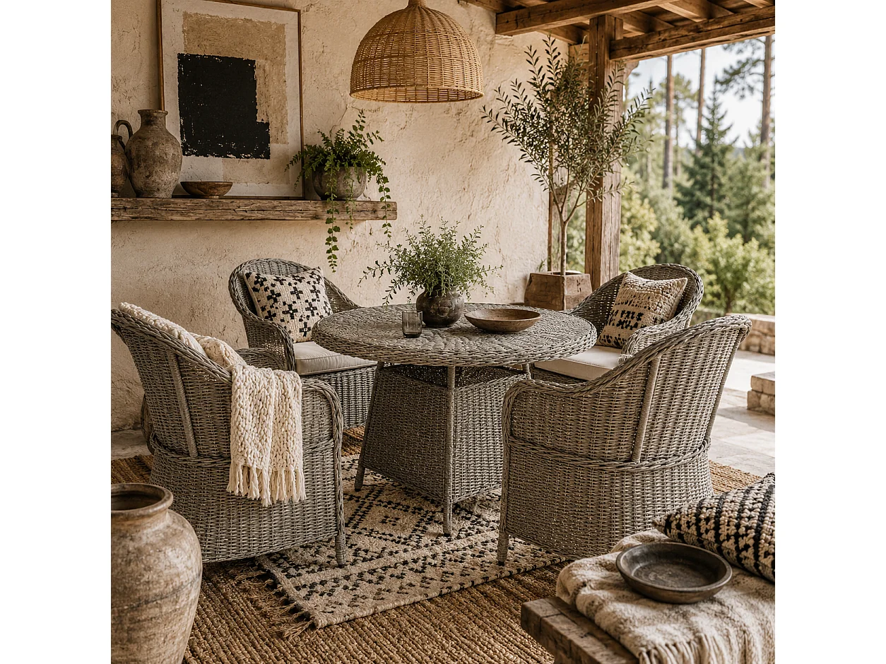 Sepa Rattan 4 Seater Outdoor Dining Set Grey and Sand Brown Cushioned Armchairs Glass Top Table