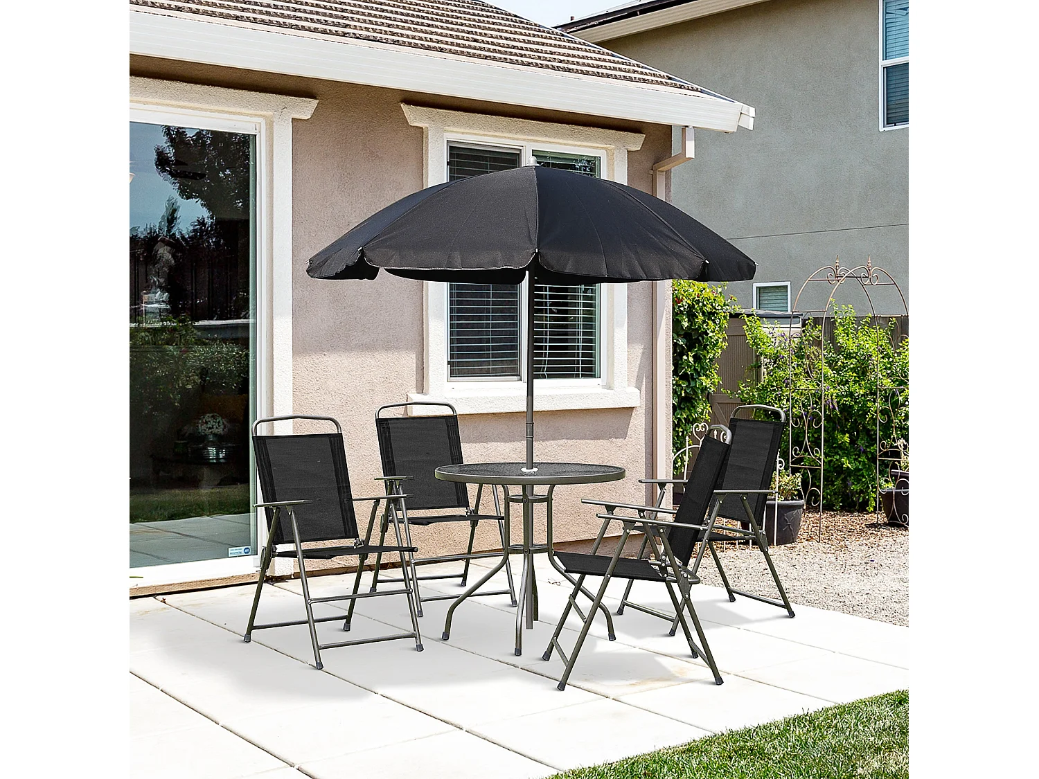 Jattare 4 Seater Folding Metal and Mesh Garden Dining Set with 5mm Glass Table and Parasol