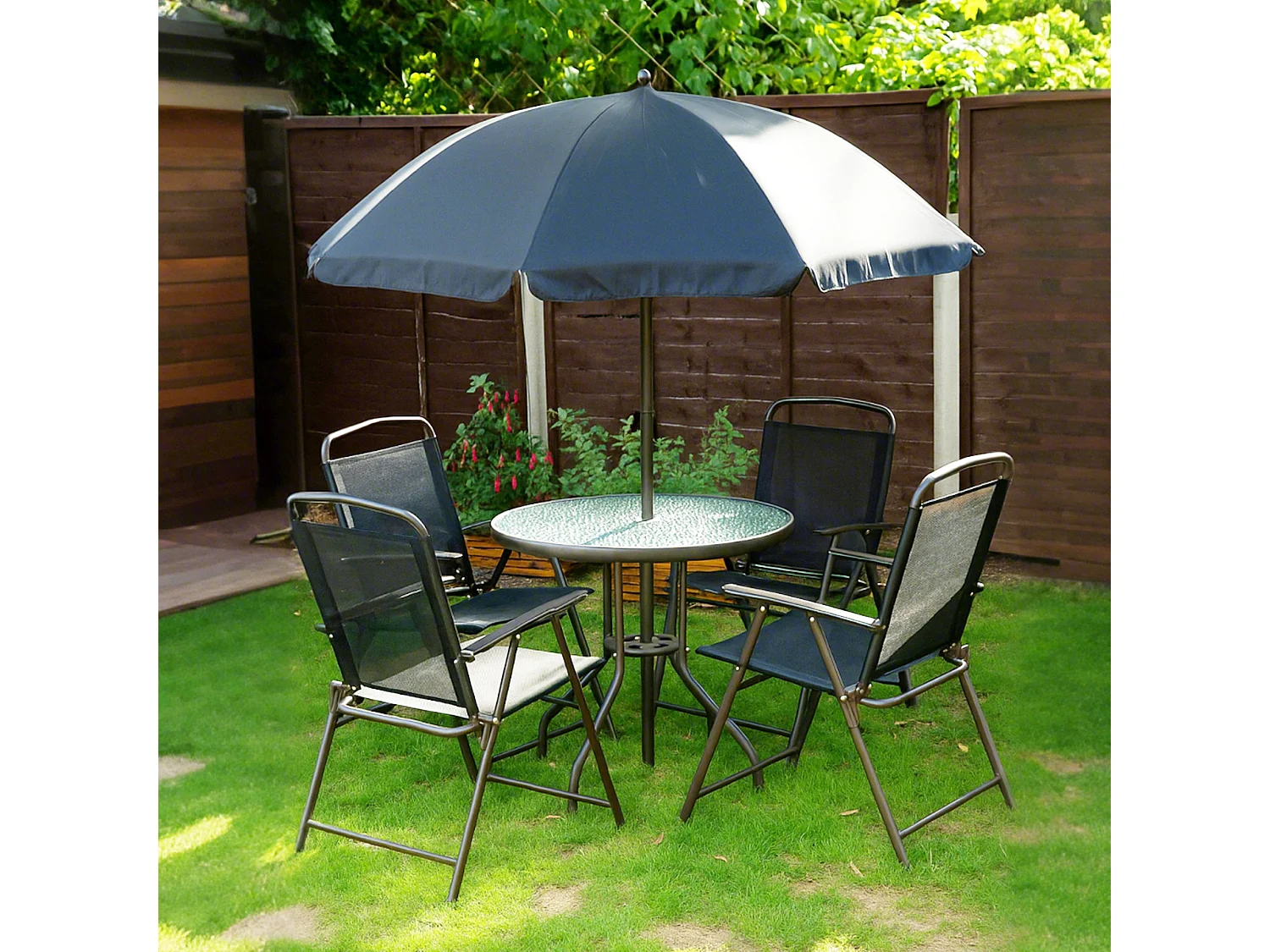 Jattare 4 Seater Folding Metal and Mesh Garden Dining Set with 5mm Glass Table and Parasol