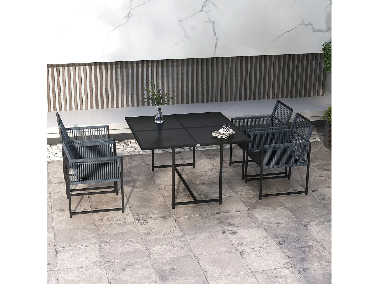 Nolu 4 Seater Dark Grey Outdoor Dining Set Steel Frame Texteline Chairs Tempered Glass Table