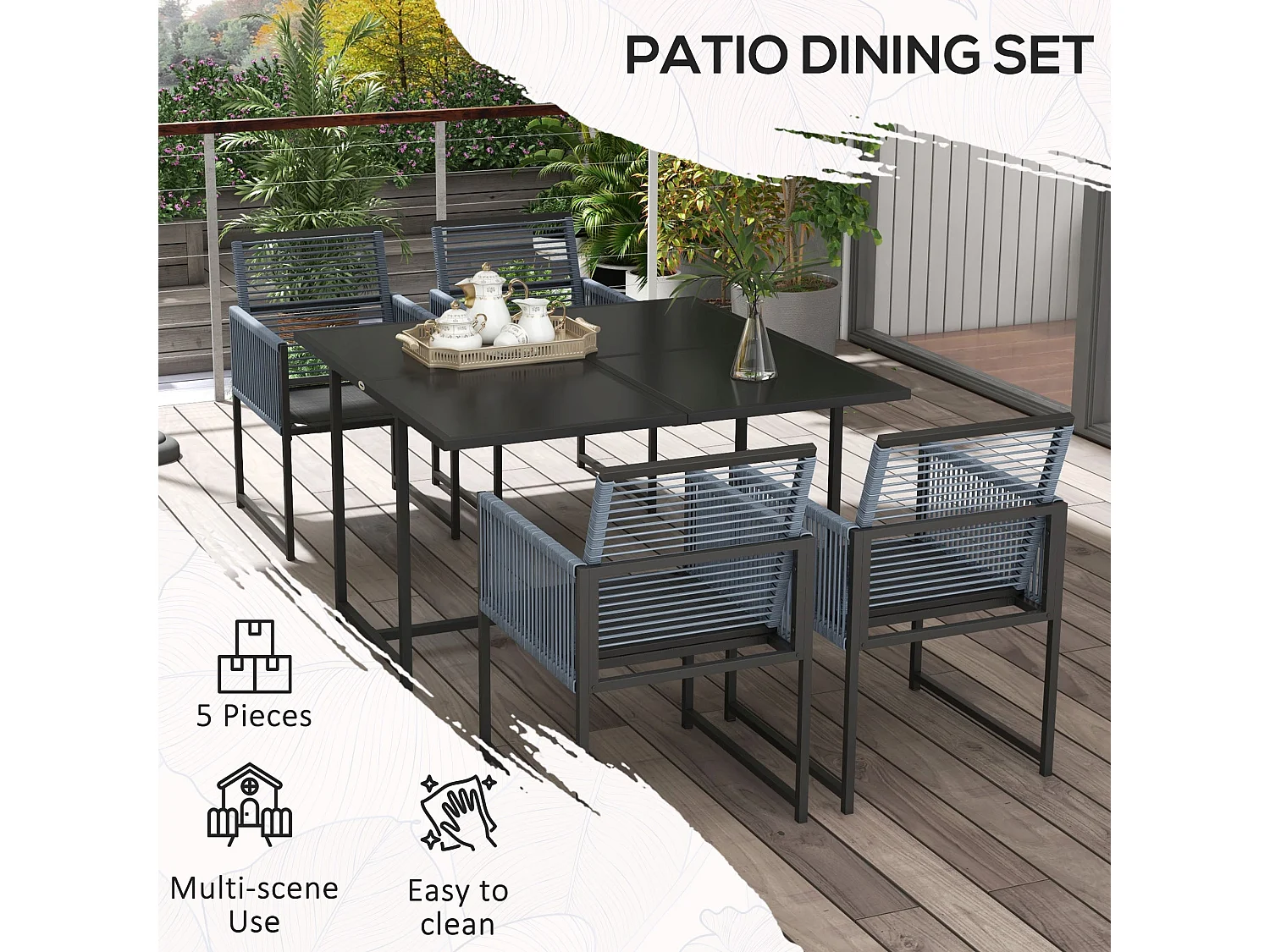 Nolu 4 Seater Dark Grey Outdoor Dining Set Steel Frame Texteline Chairs Tempered Glass Table