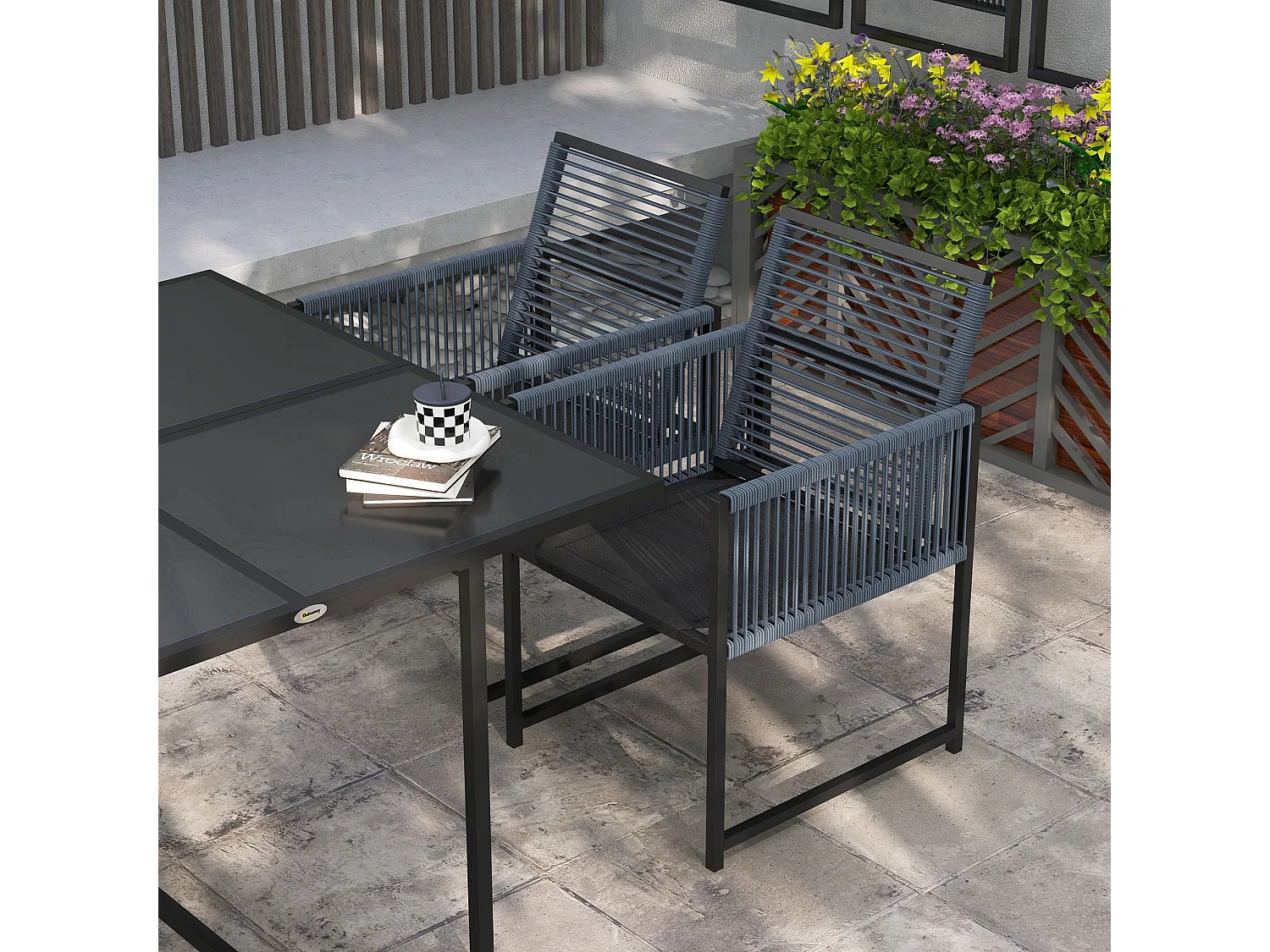 Nolu 4 Seater Dark Grey Outdoor Dining Set Steel Frame Texteline Chairs Tempered Glass Table