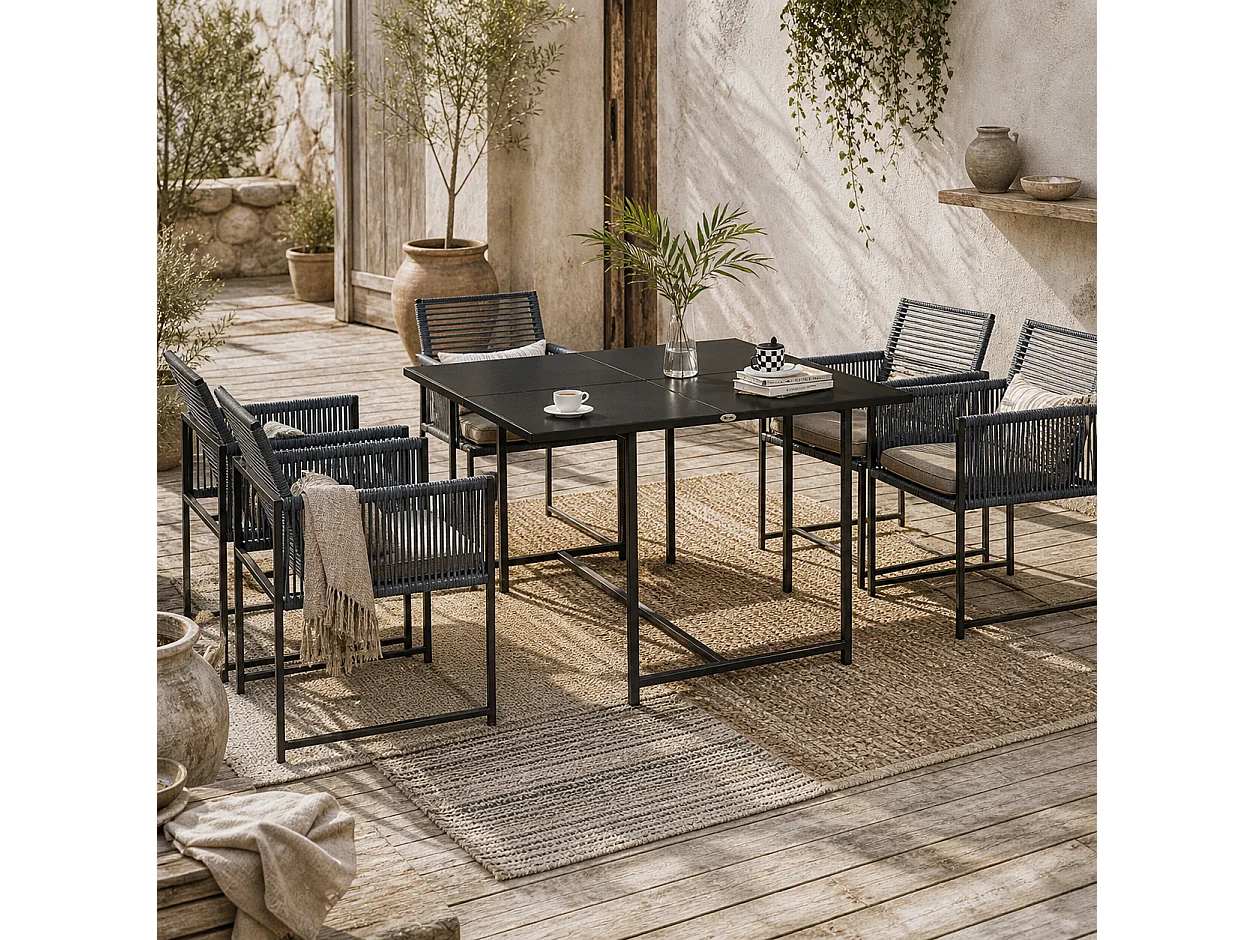 Nolu 4 Seater Dark Grey Outdoor Dining Set Steel Frame Texteline Chairs Tempered Glass Table