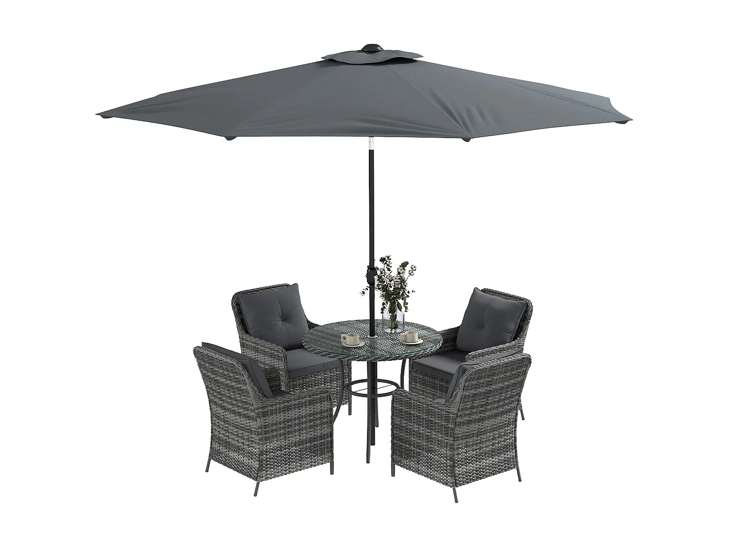 Rolana Nivi 4 Seater Rattan Outdoor Dining Set with Parasol and Cushions