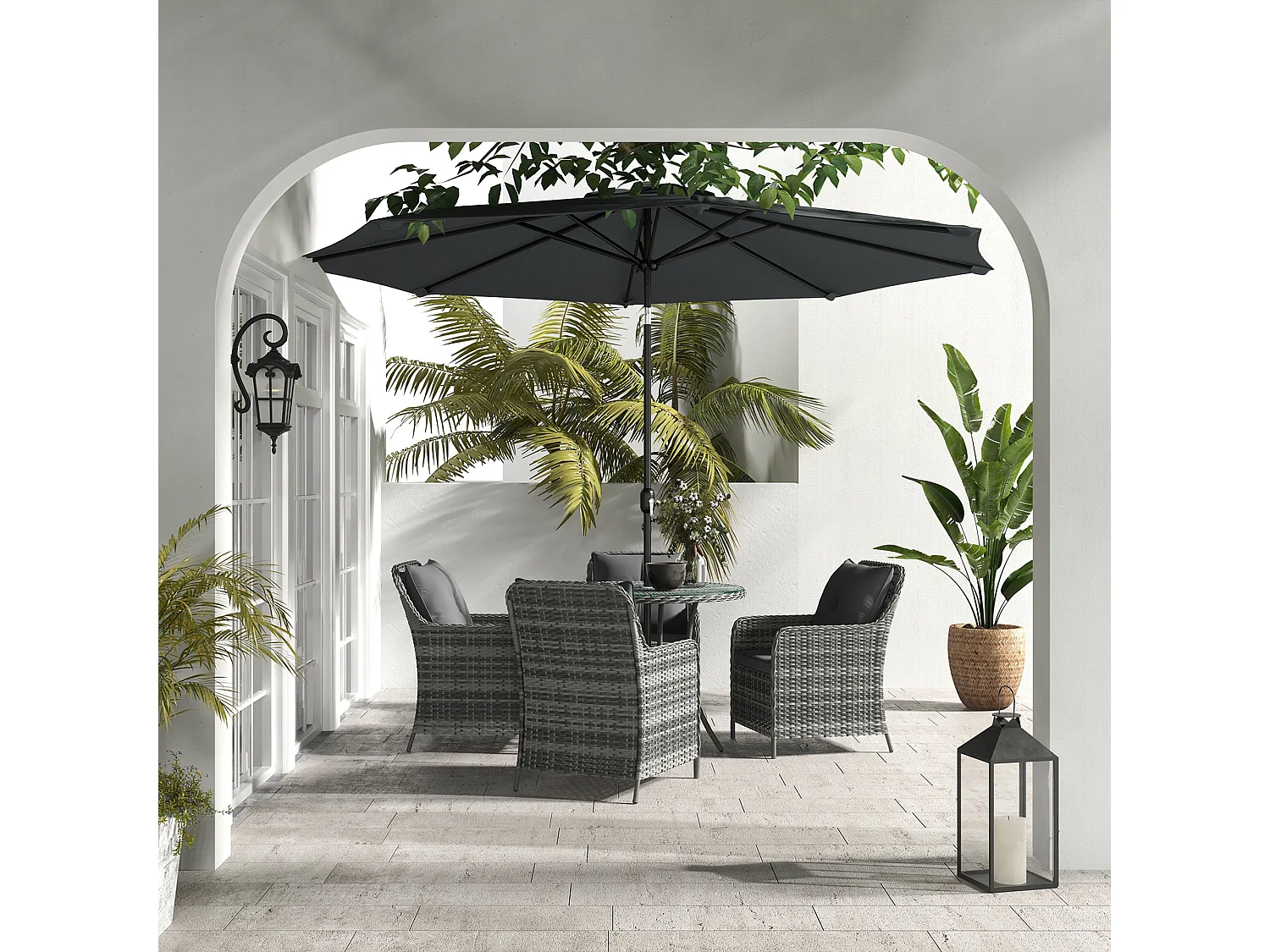 Rolana Nivi 4 Seater Rattan Outdoor Dining Set with Parasol and Cushions