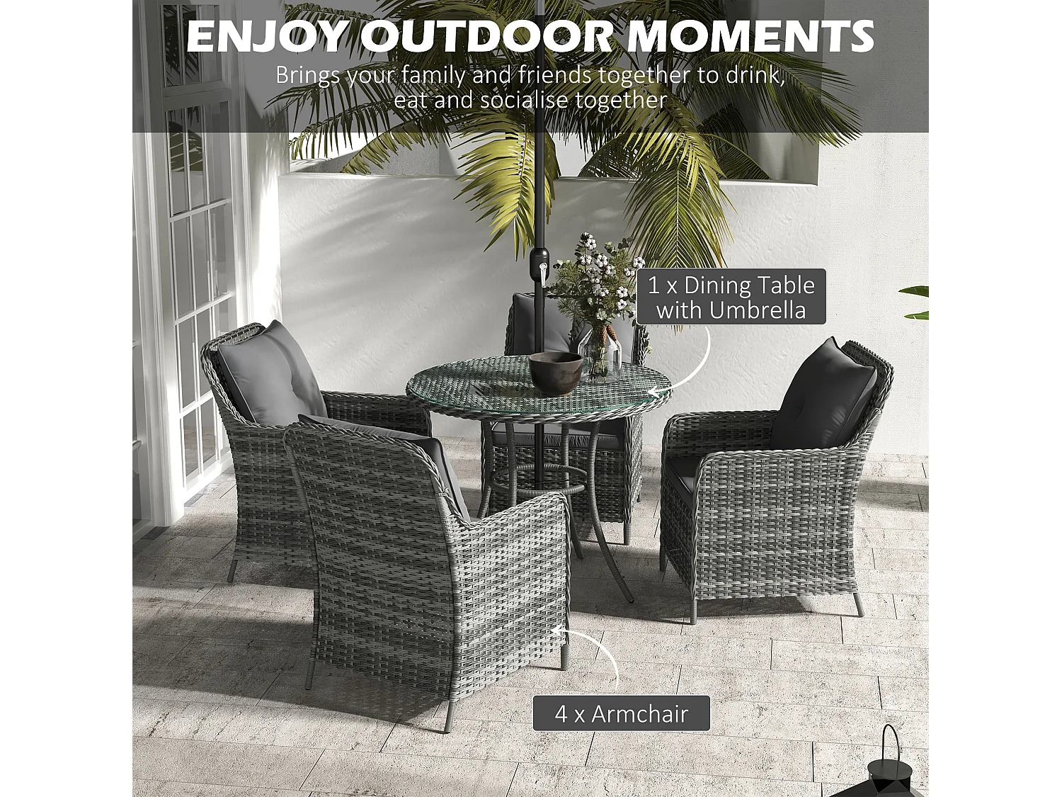 Rolana Nivi 4 Seater Rattan Outdoor Dining Set with Parasol and Cushions